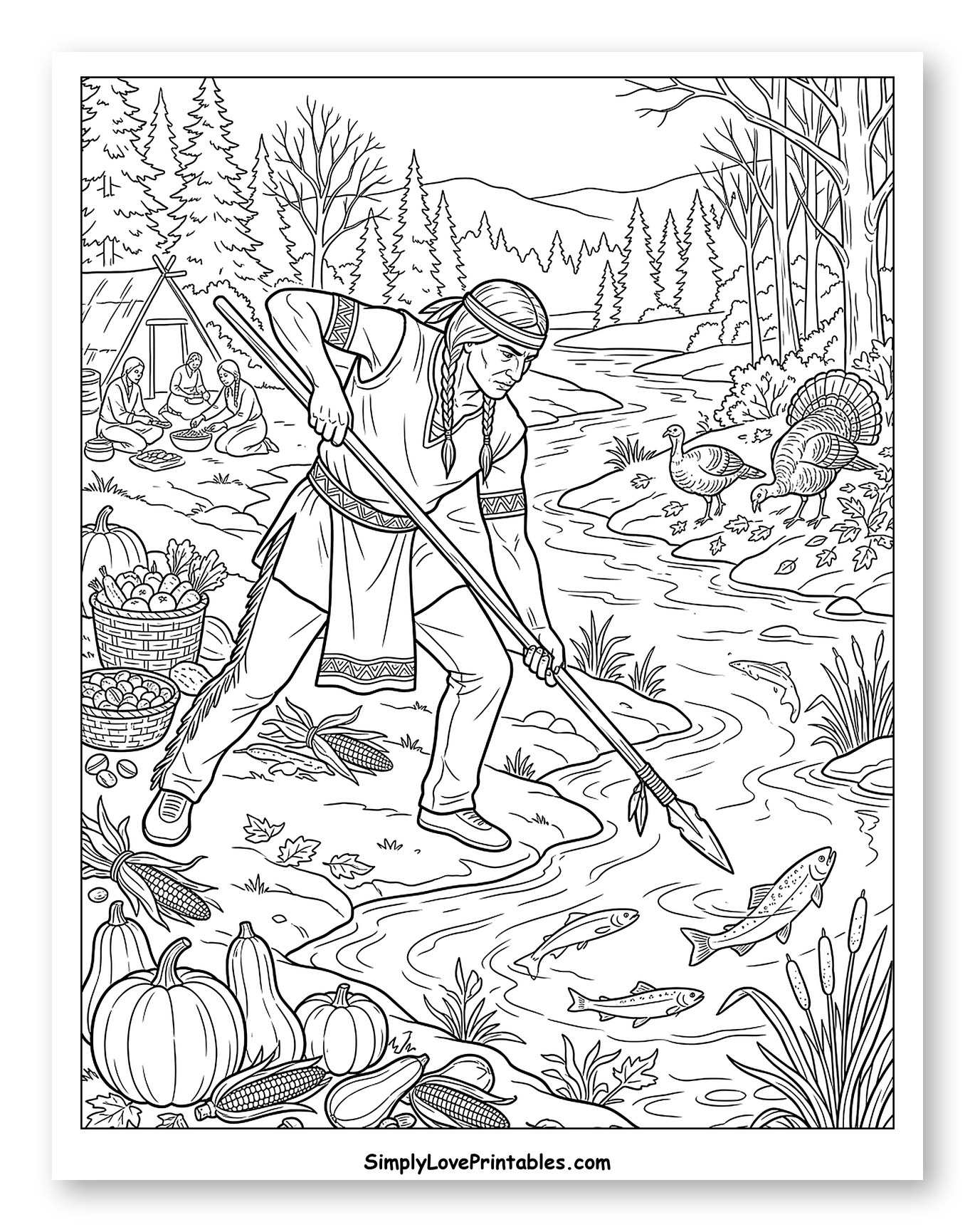 Native American Man Spearfishing in Autumn to Color