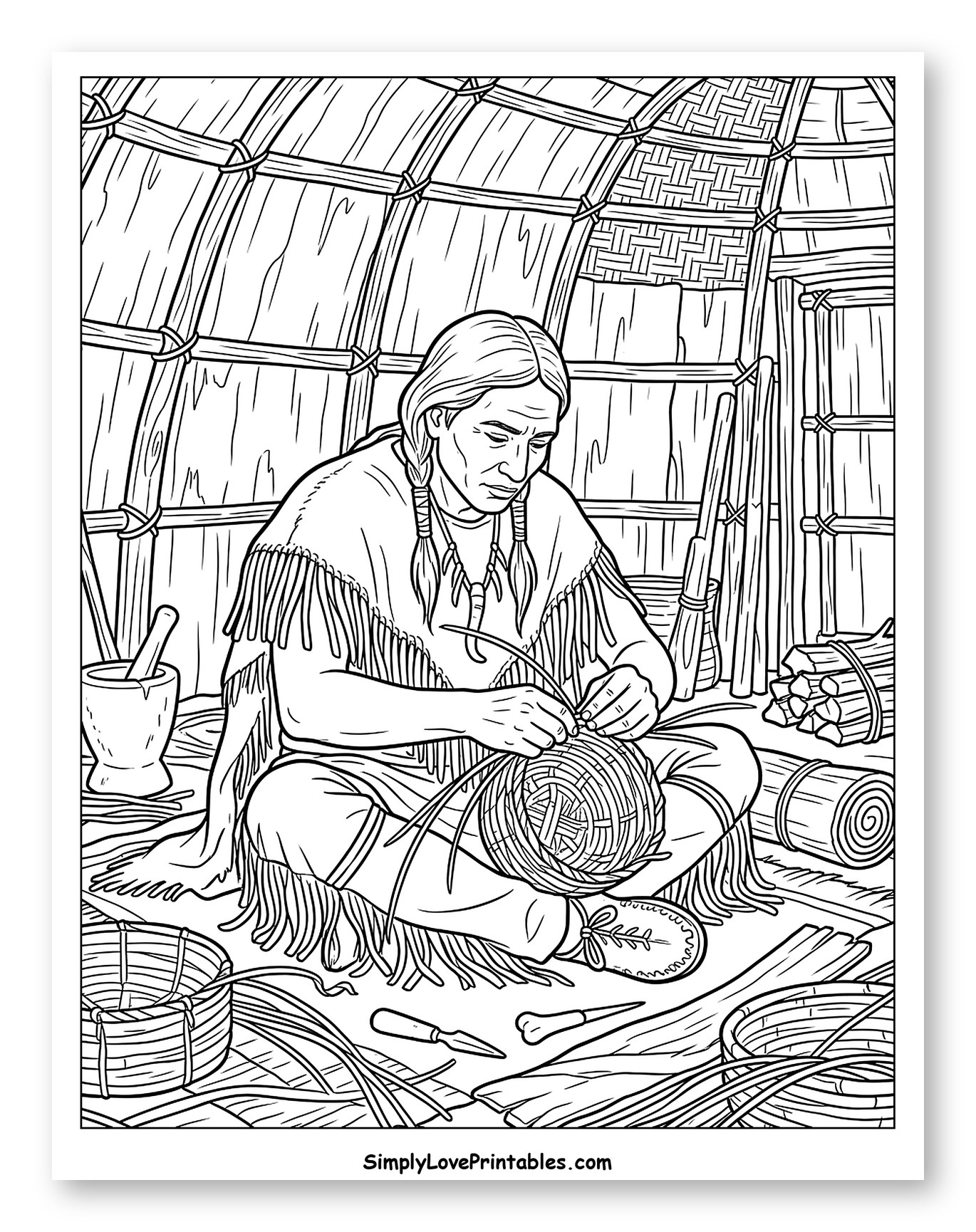 Native American Man Weaving a Basket Inside a Dwelling