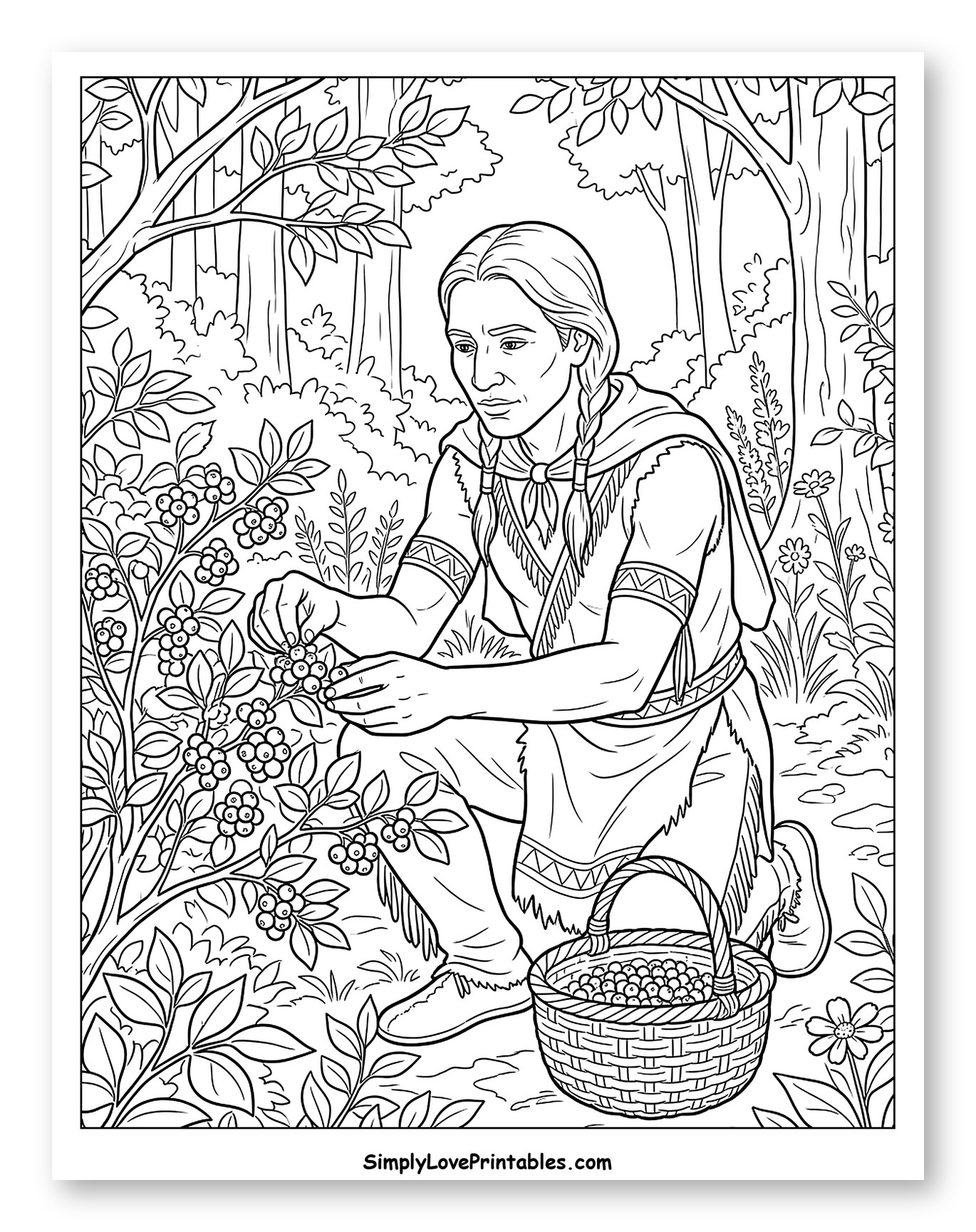 Native American Picking Wild Berries into Basket