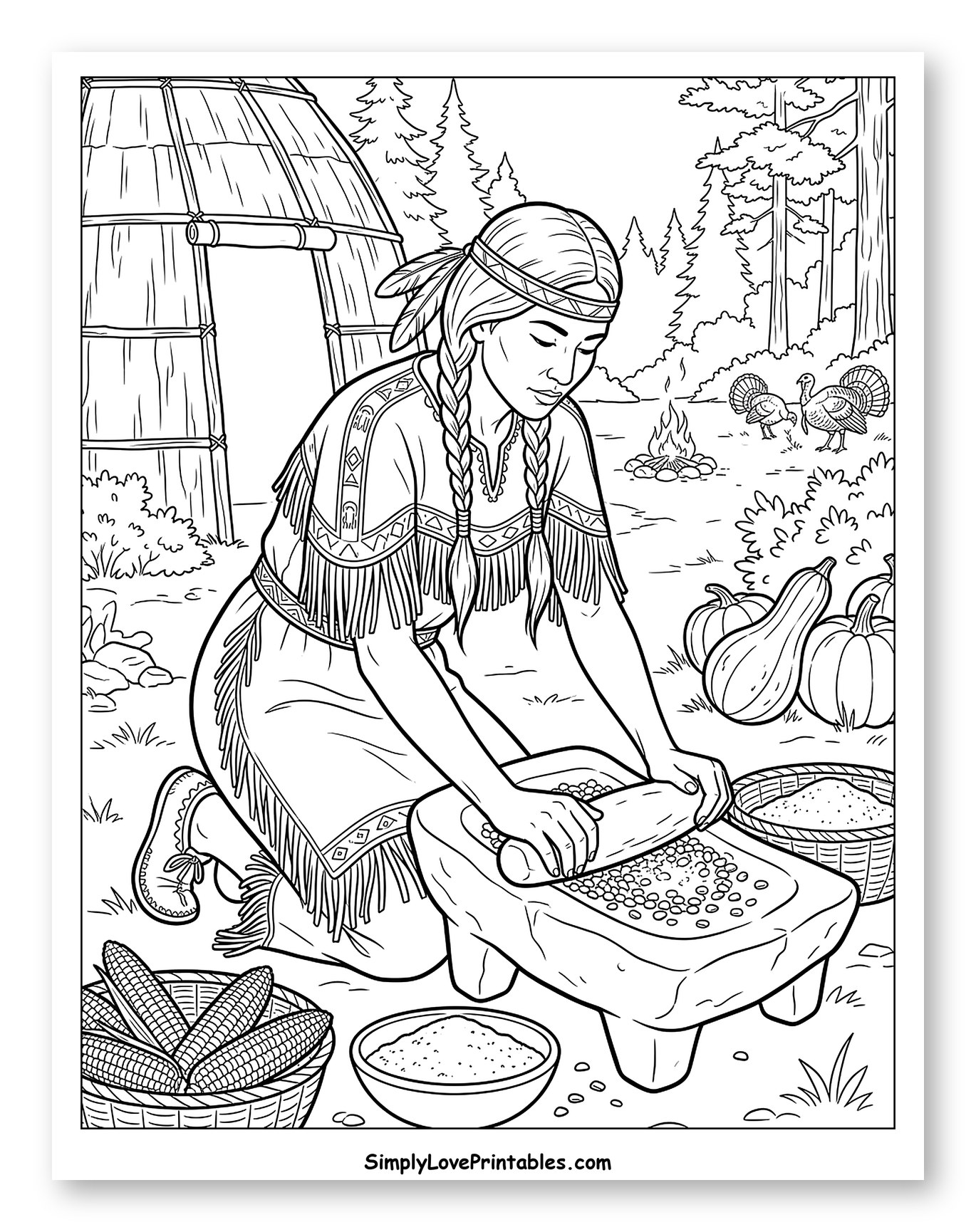 Native American Woman Grinding Corn to Color