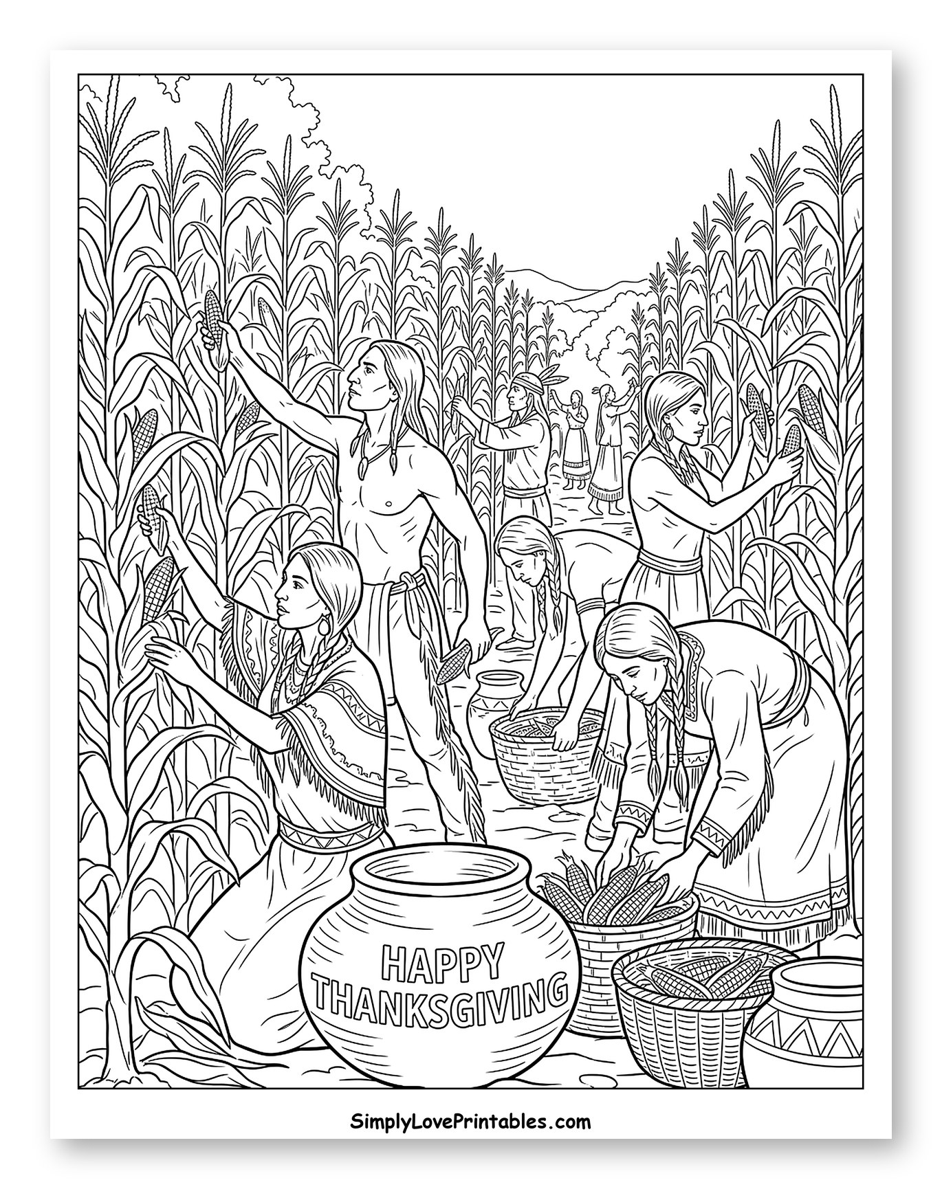 Native Americans Harvesting Corn for Thanksgiving Coloring Sheet
