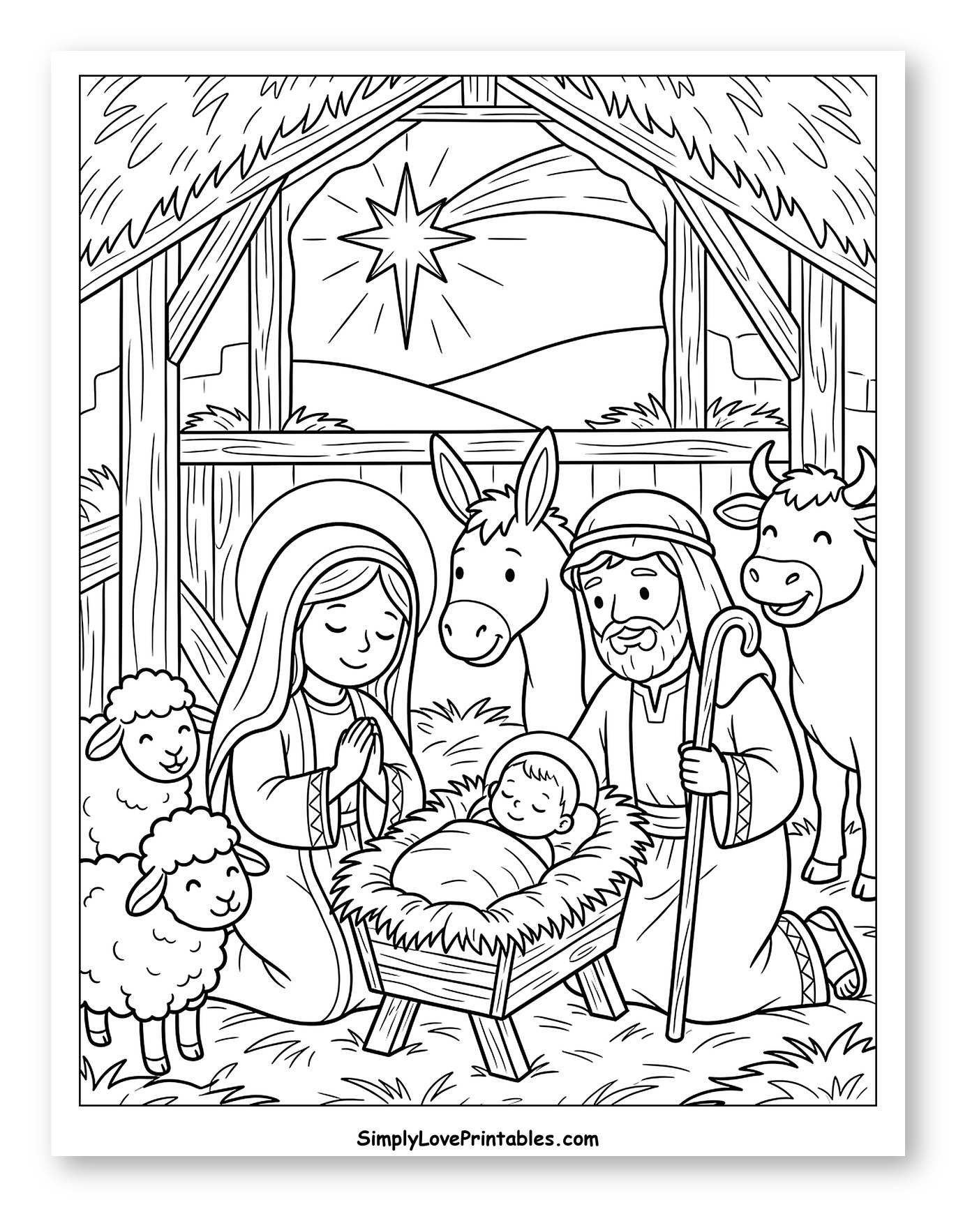 Nativity Scene with Animals and Shining Star Coloring Page for Kids