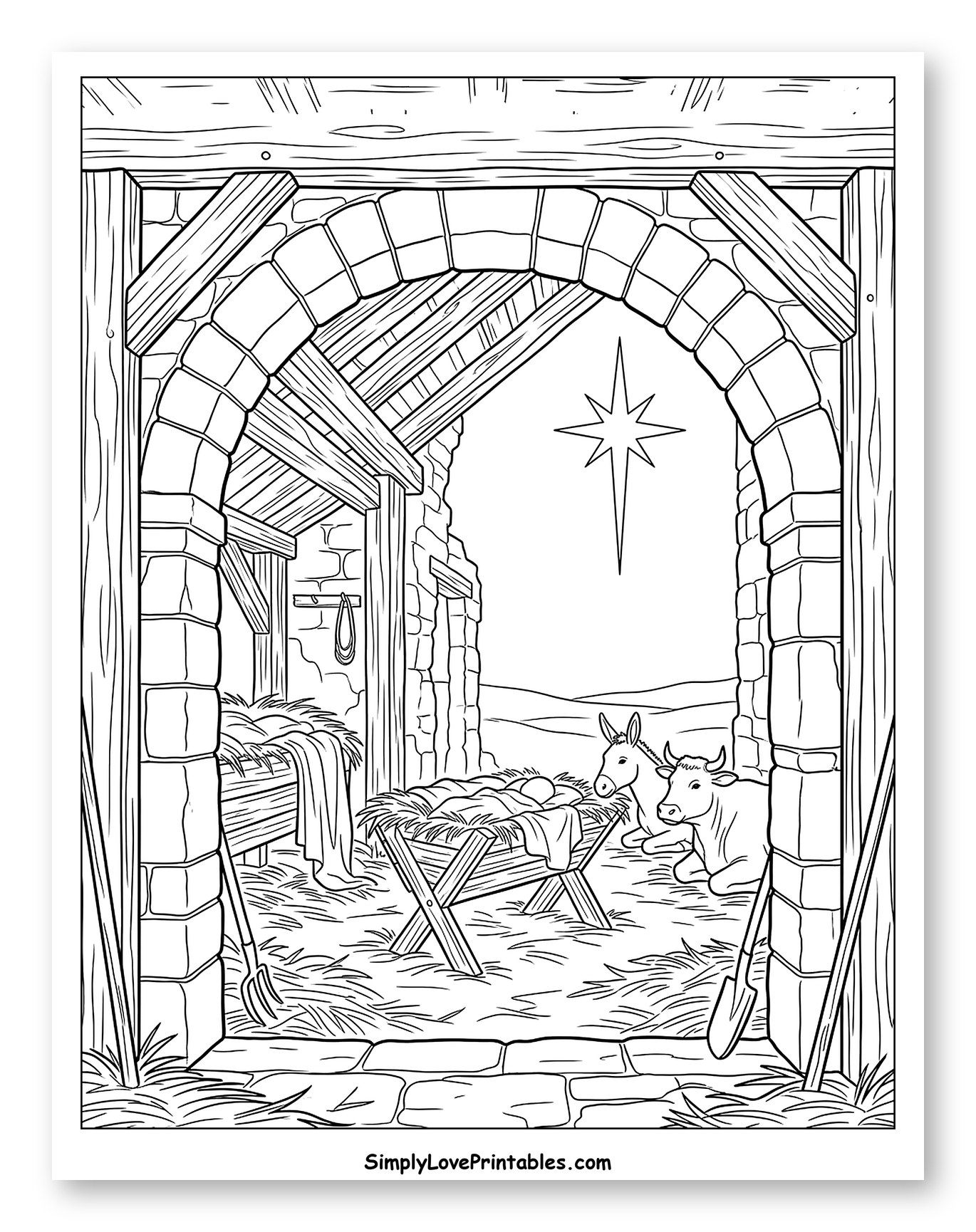 Nativity Scene with Baby Jesus and Animals Coloring Page