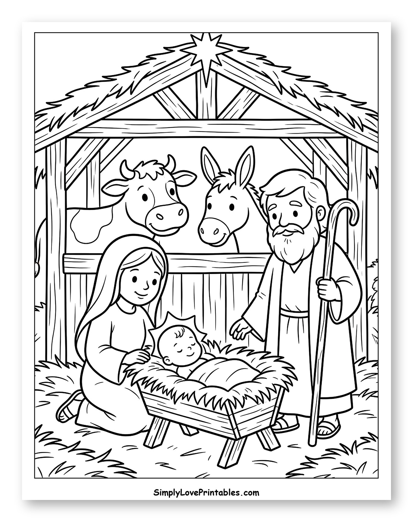 Nativity Scene with Baby Jesus, Mary, Joseph Coloring Sheet for Kids