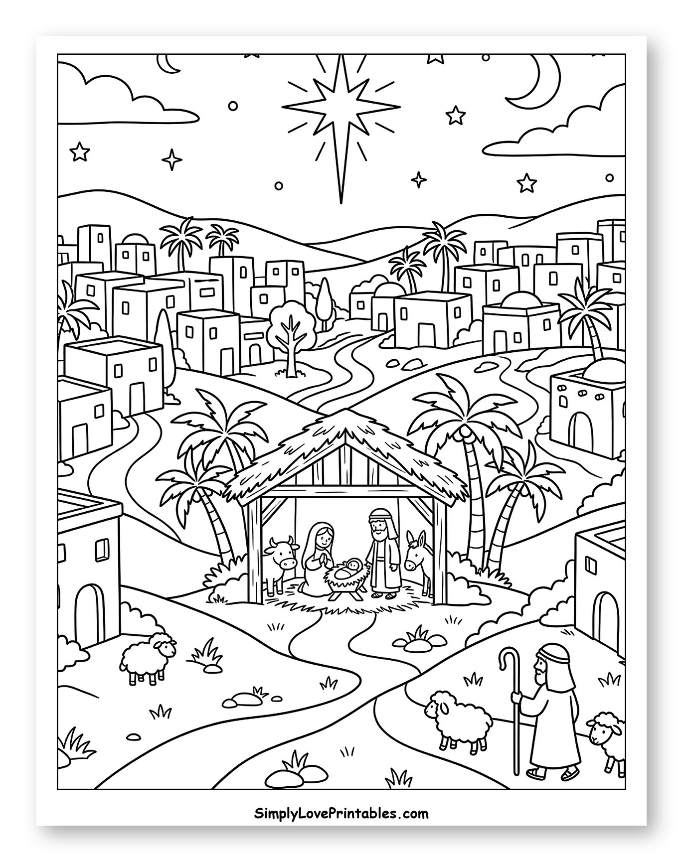 Nativity Scene with Bethlehem Village and Shepherd Coloring Page for Kids