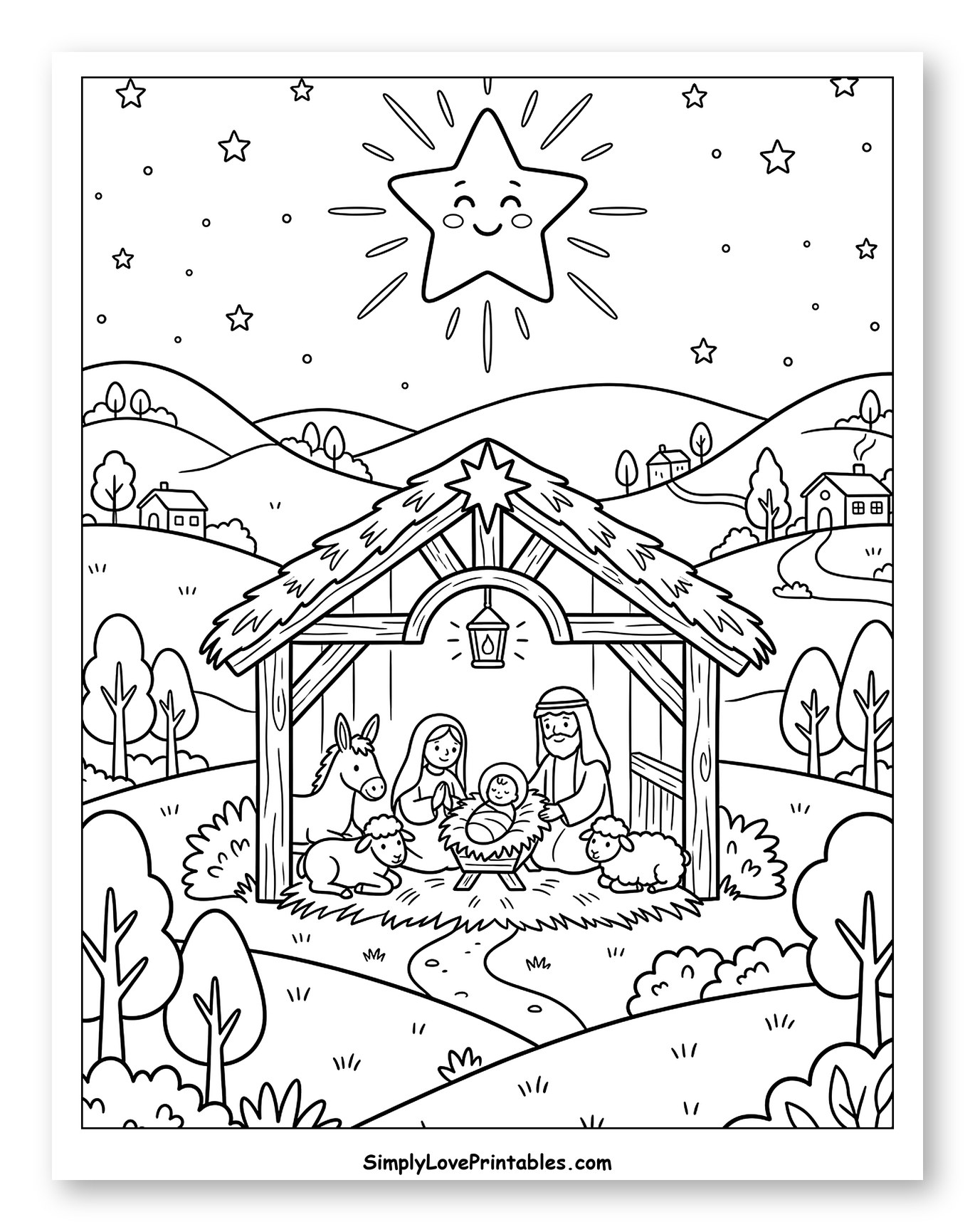 Nativity Scene with Happy Shining Star Coloring Sheet for Kids