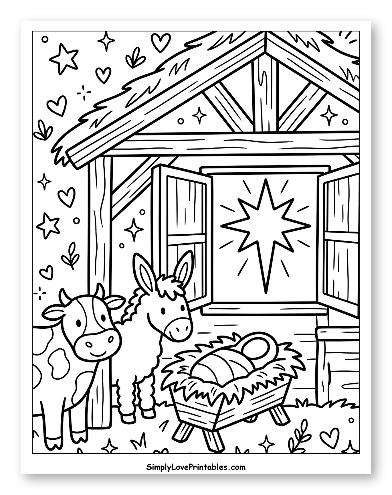 Nativity Scene with Manger, Animals, and Guiding Star Coloring Sheet for Adults