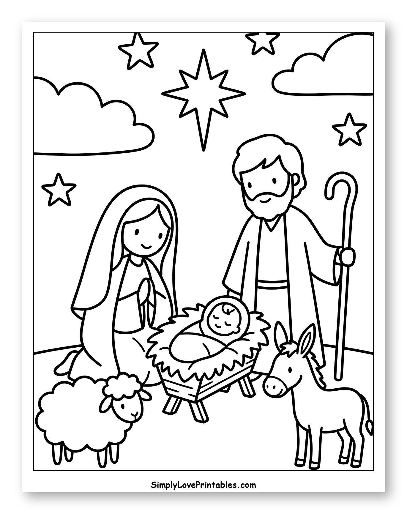 Nativity Scene with Mary, Joseph, and Animals Coloring Page for Adults