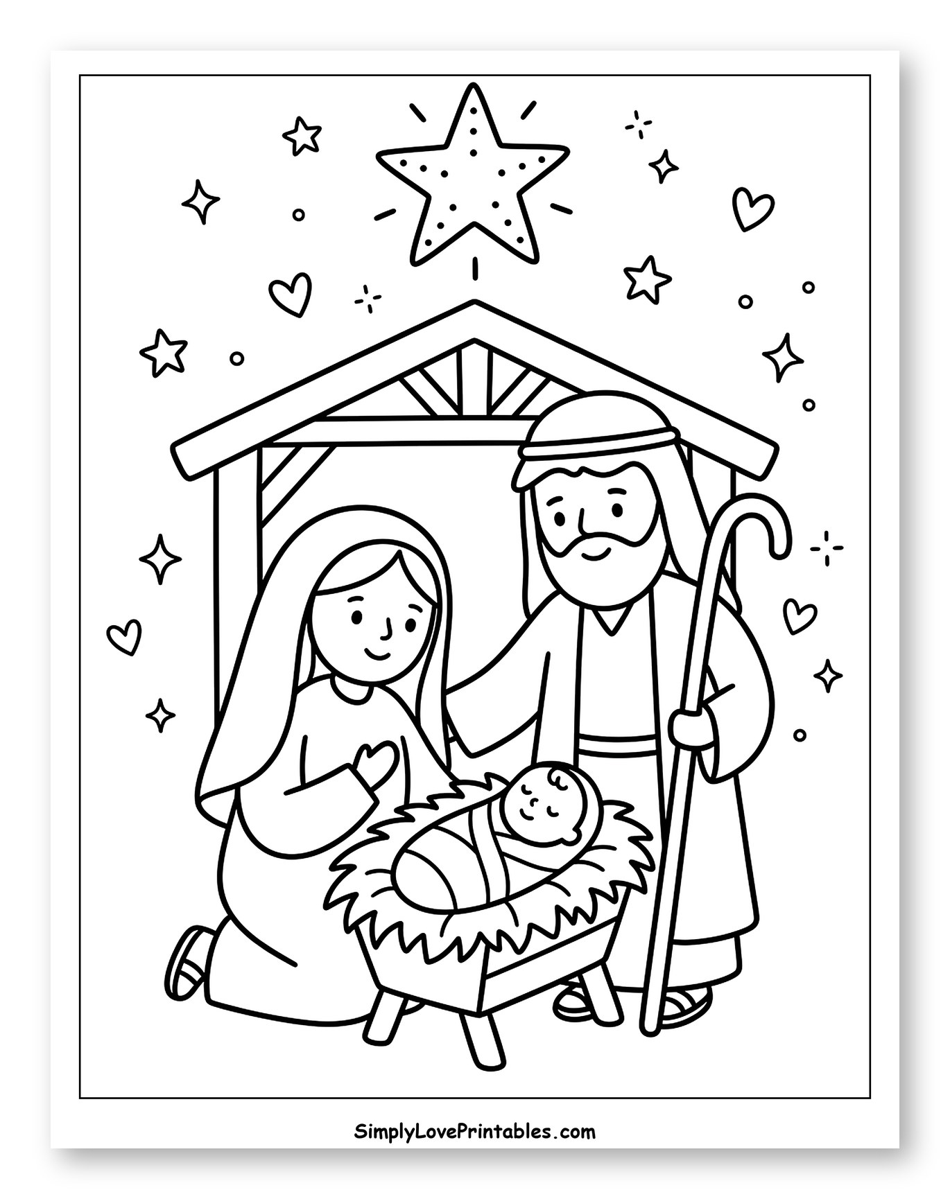 Nativity Scene with Mary, Joseph, and Baby Jesus to Color for Adults