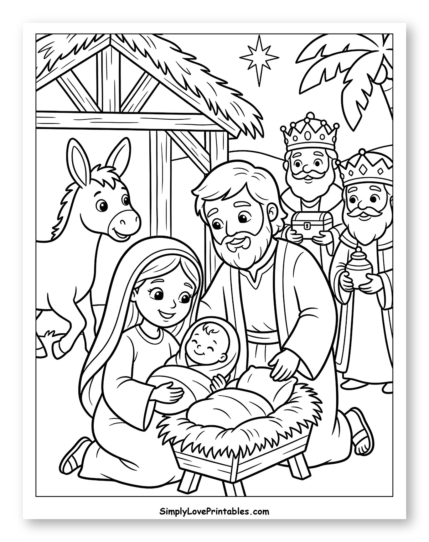 Nativity Scene with Mary, Joseph, and Wise Men Coloring Sheet for Kids
