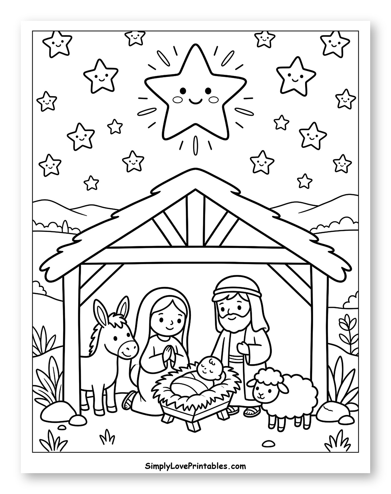 Nativity Scene with Shining Star Coloring Sheet for Kids