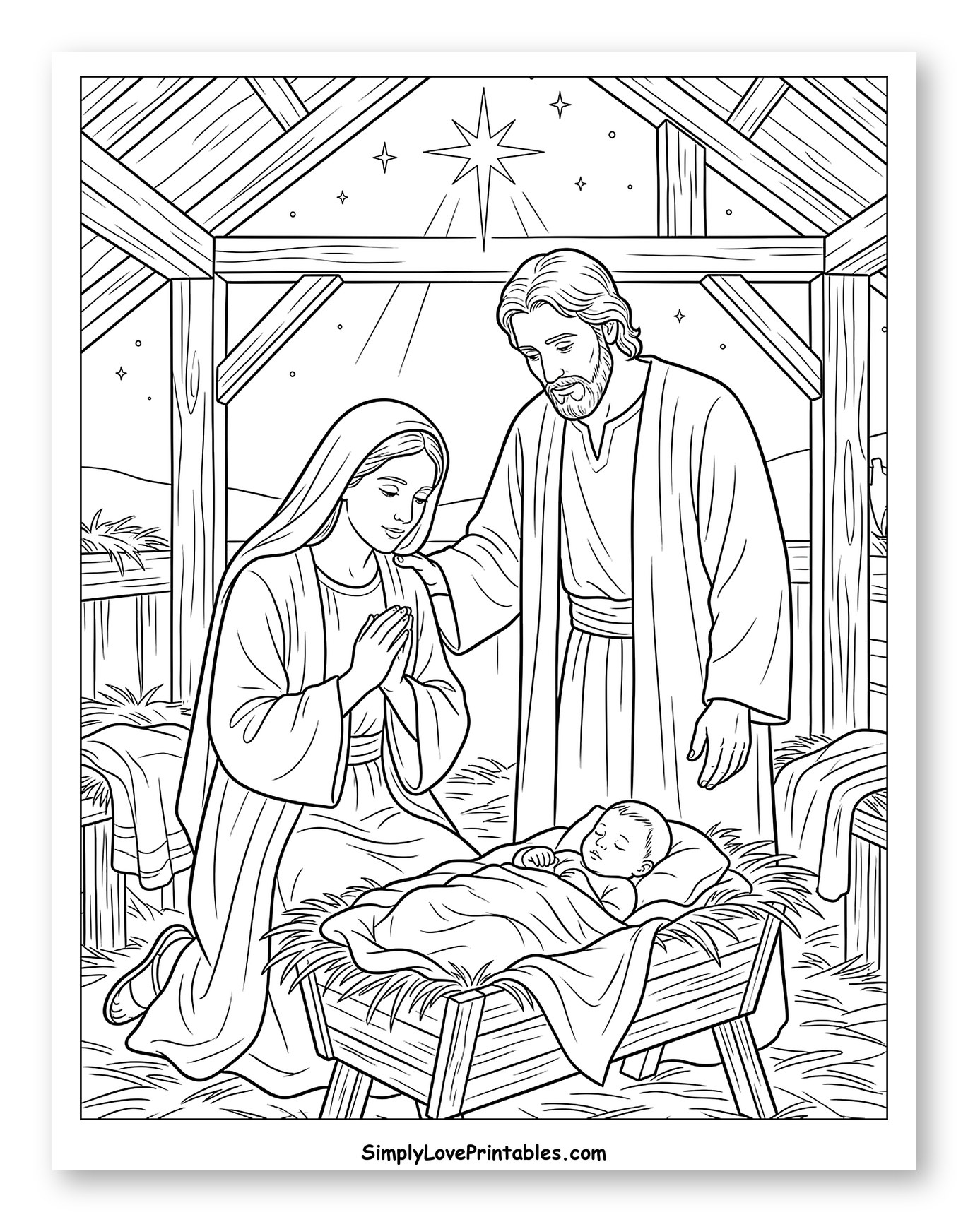 Nativity Scene with Star of Bethlehem Coloring Page