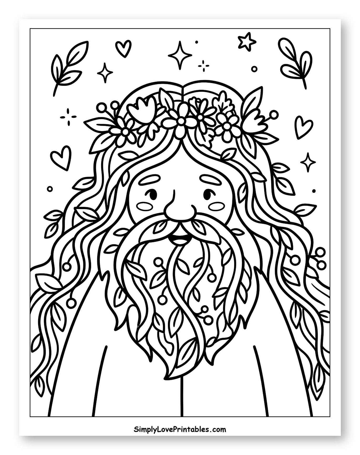 Nature Spirit with Floral Crown and Leafy Beard Coloring Page for Adults