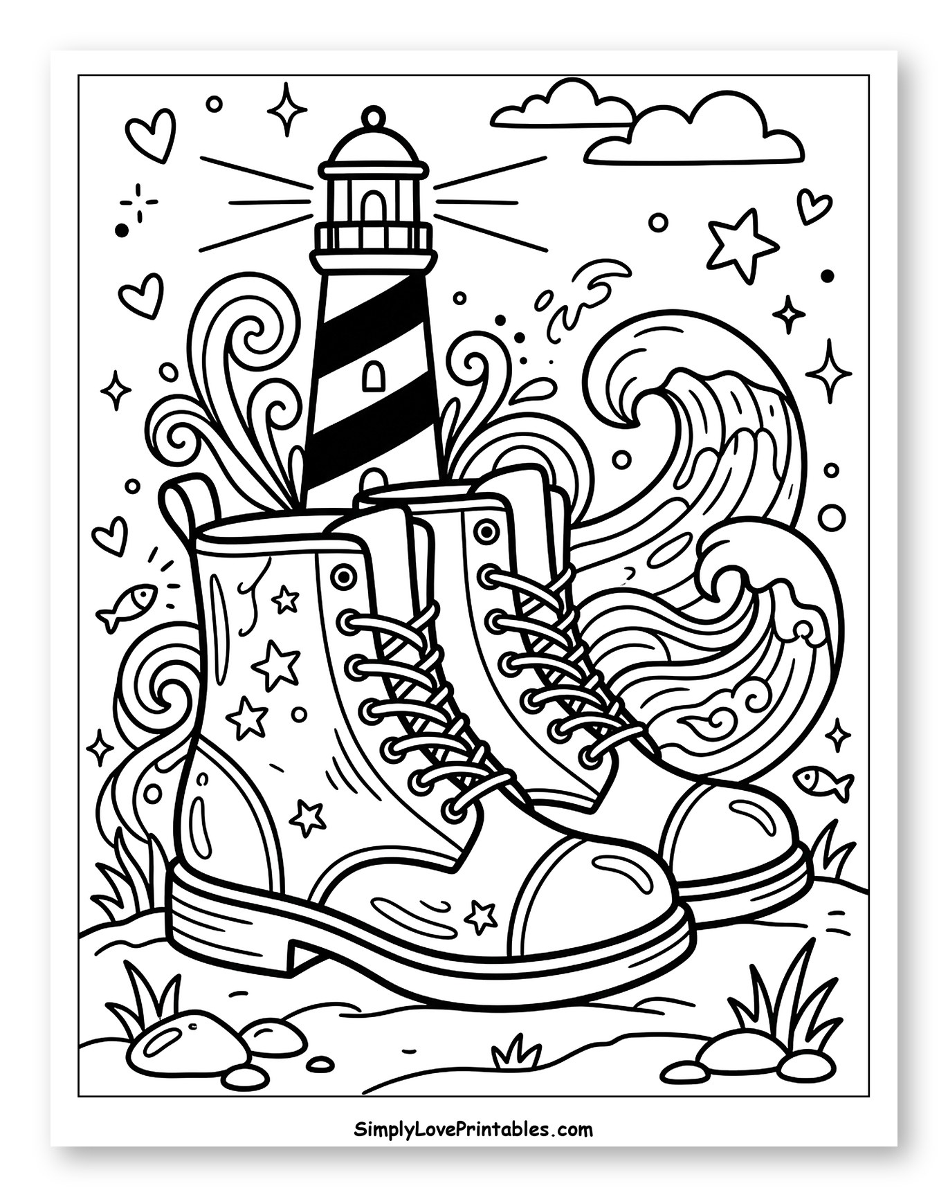 Nautical Boots by the Lighthouse Coloring Page for Adults
