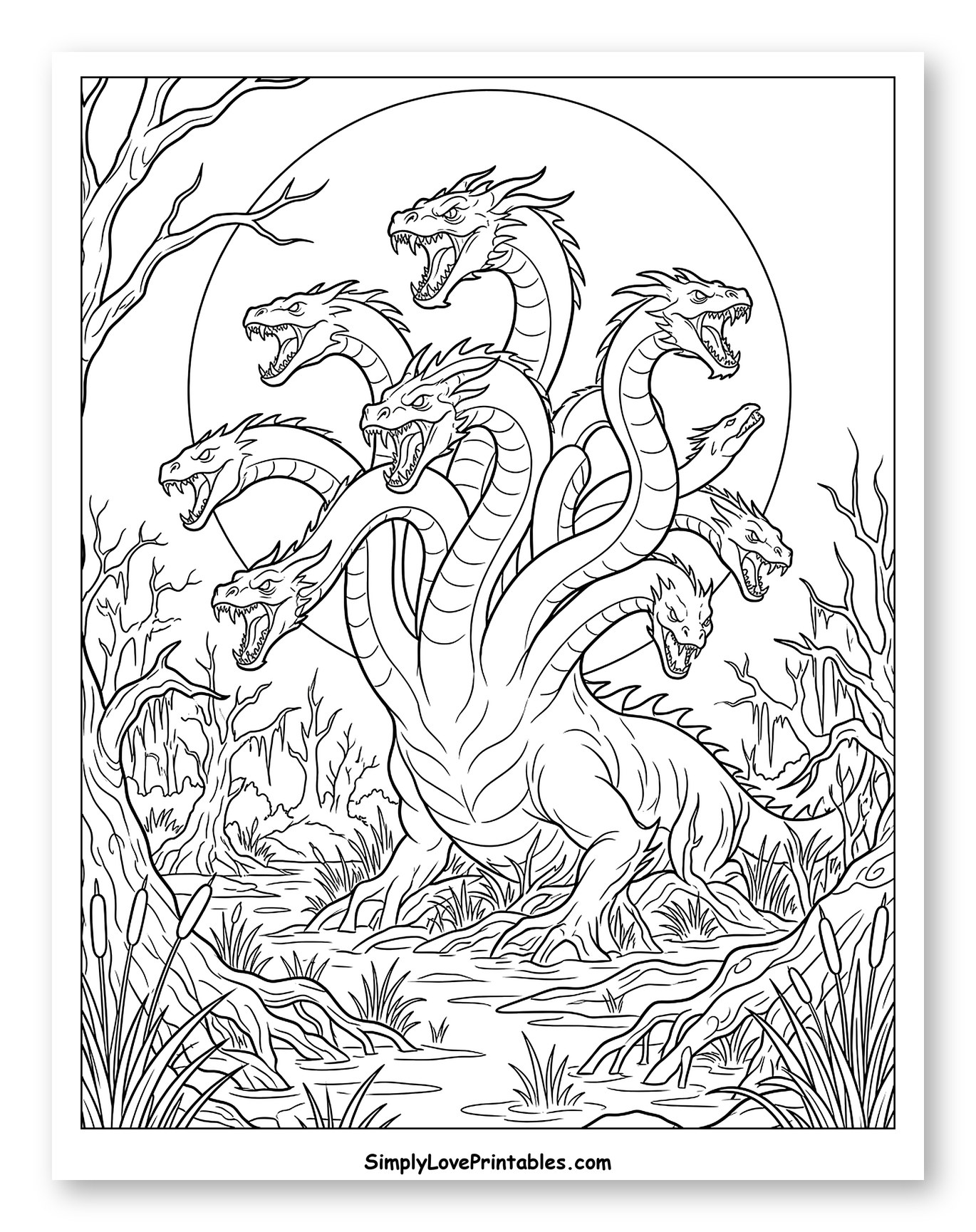 Nine-Headed Hydra in a Moonlit Swamp
