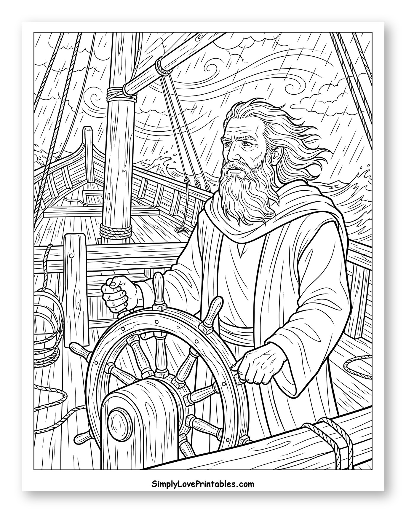 Noah at the Helm During the Flood Coloring Page