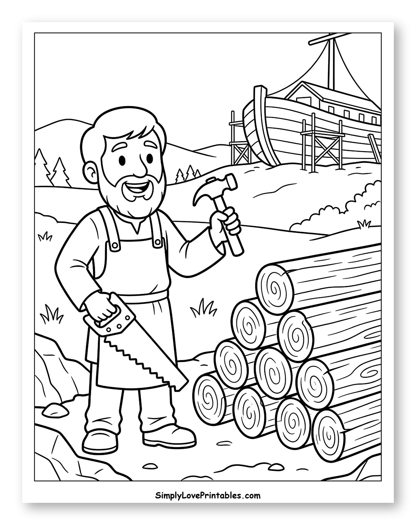 Noah Building with Hammer and Saw Coloring Sheet for Kids