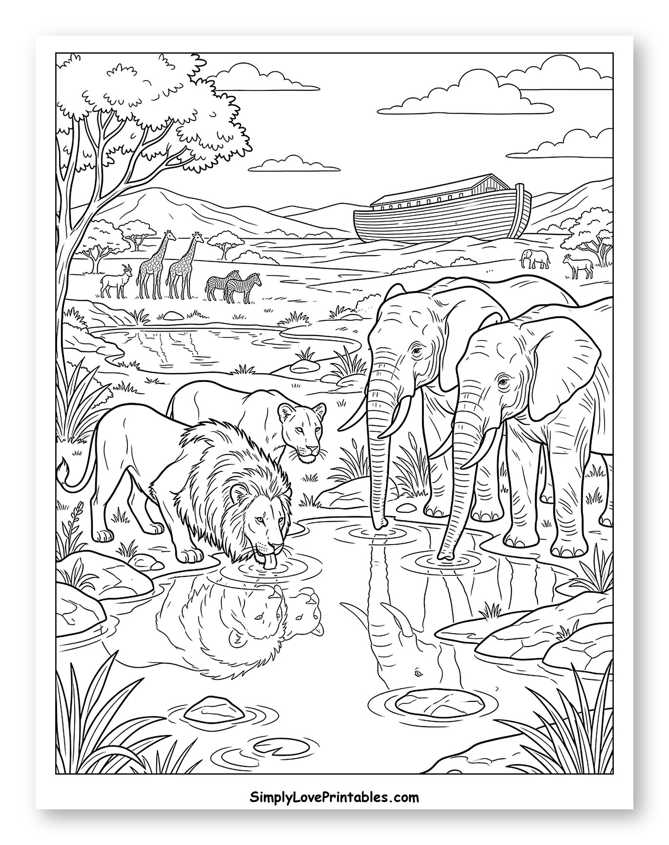 Noah's Ark and Animals at Watering Hole Coloring Sheet