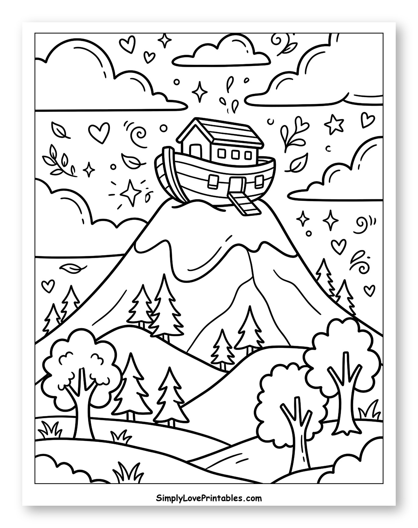 Noah's Ark Resting on the Mountains Coloring Page for Adults
