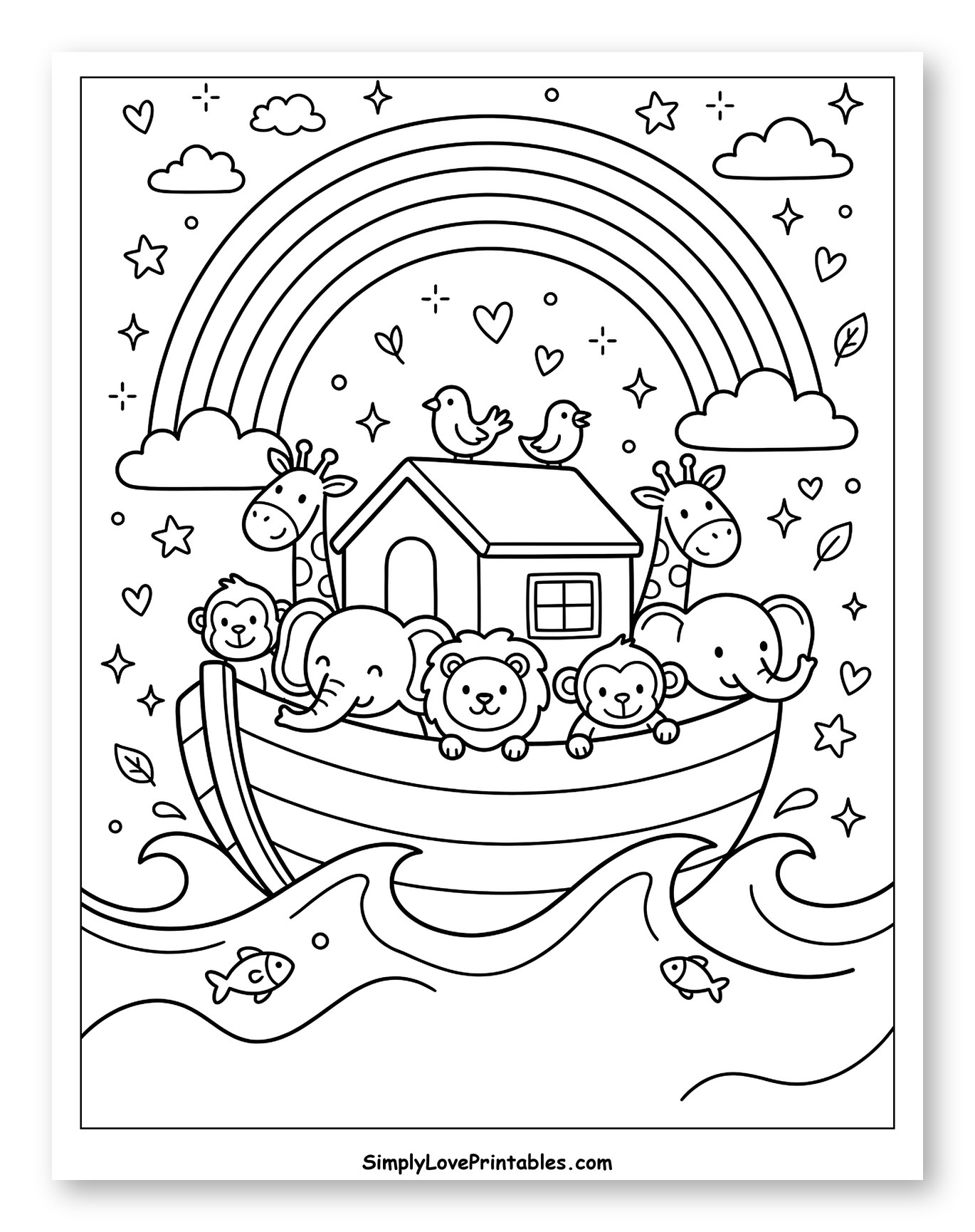 Noah's Ark with Animals and Rainbow Coloring Sheet for Adults