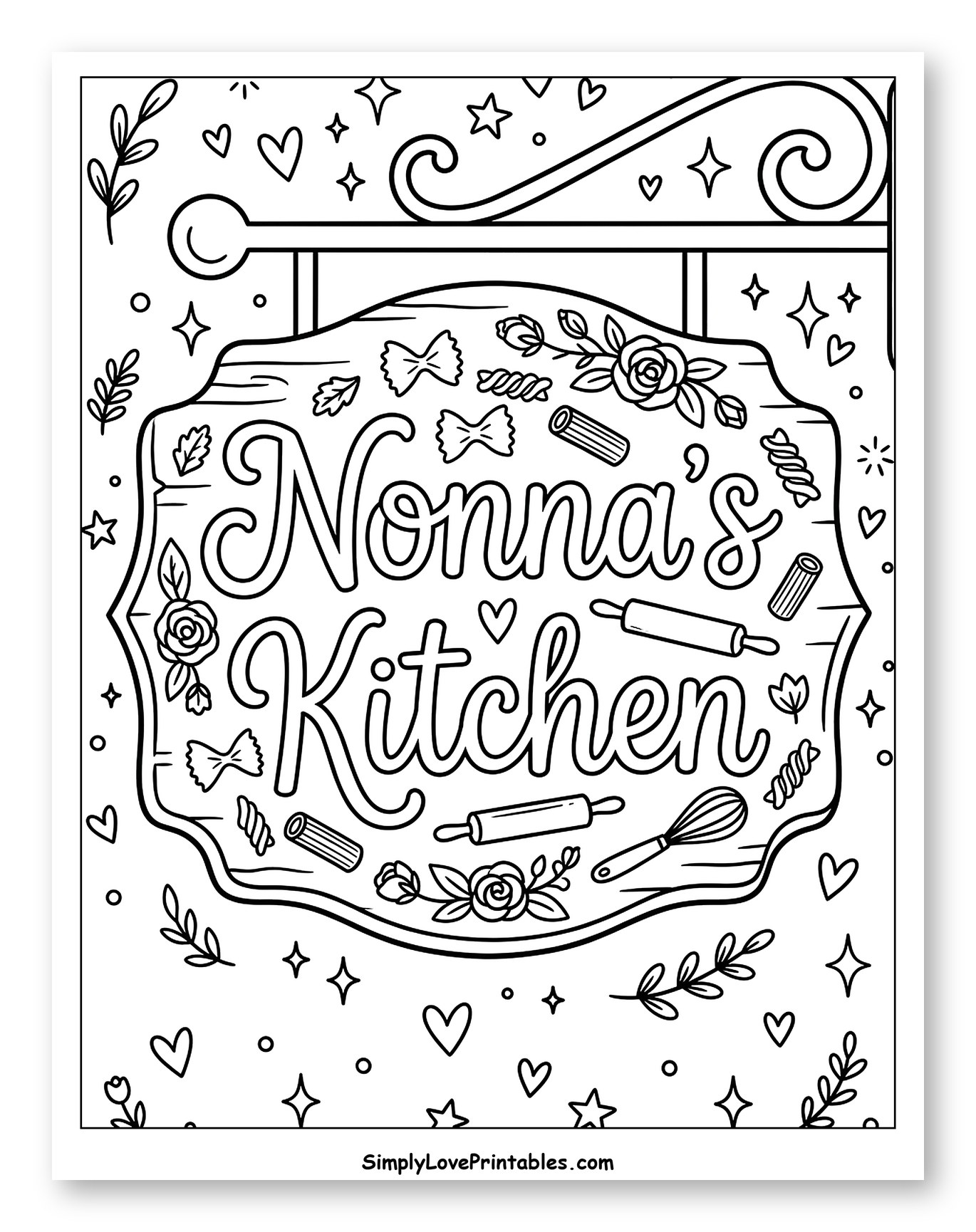 Nonna's Kitchen Sign with Pasta and Utensils Coloring Page for Adults