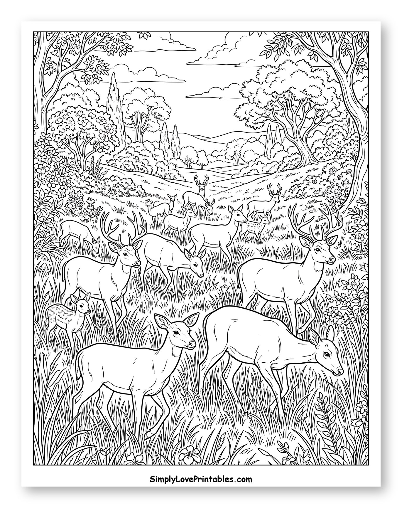 Numerous Deer in a Beautiful Natural Setting Coloring Page