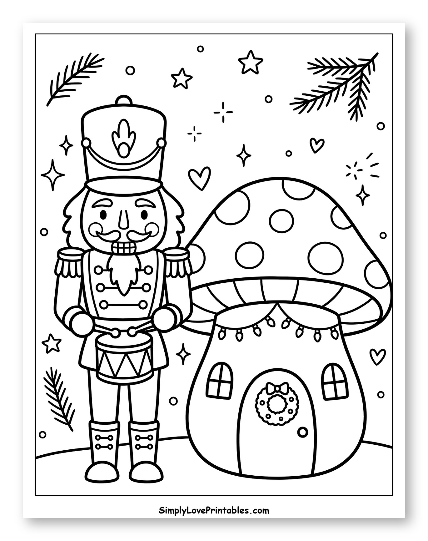 Nutcracker Soldier and Cozy Mushroom House to Color for Adults