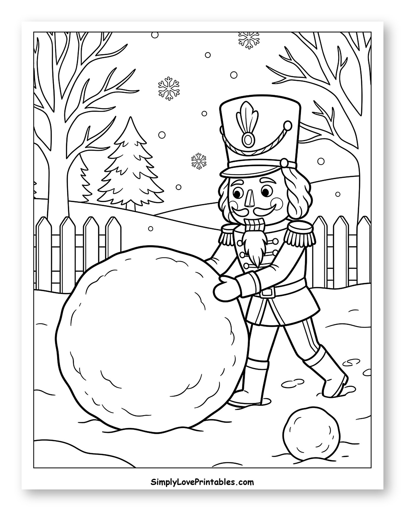 Nutcracker Soldier Rolling a Giant Snowball Coloring Sheet for Kids