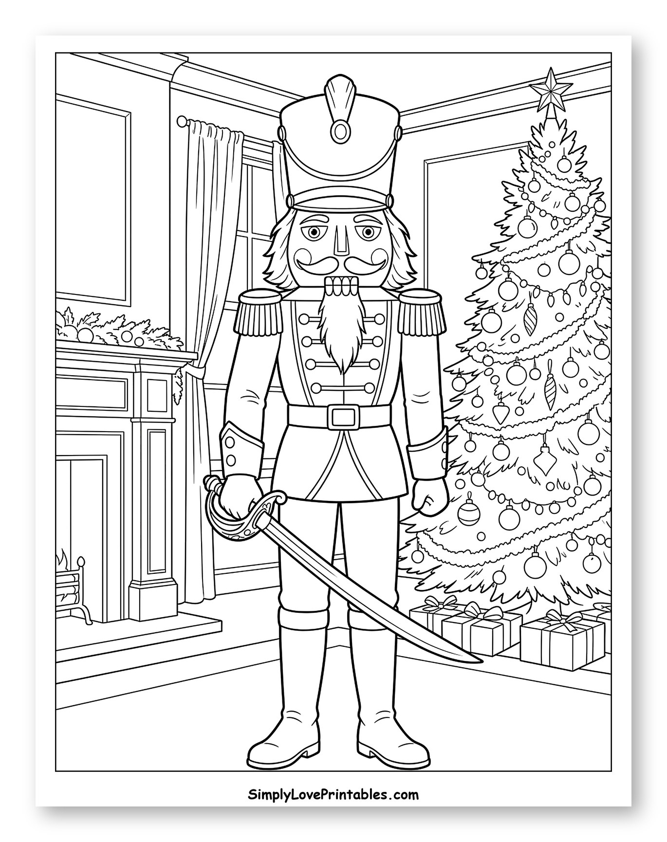 Nutcracker Soldier Standing by a Christmas Tree to Color