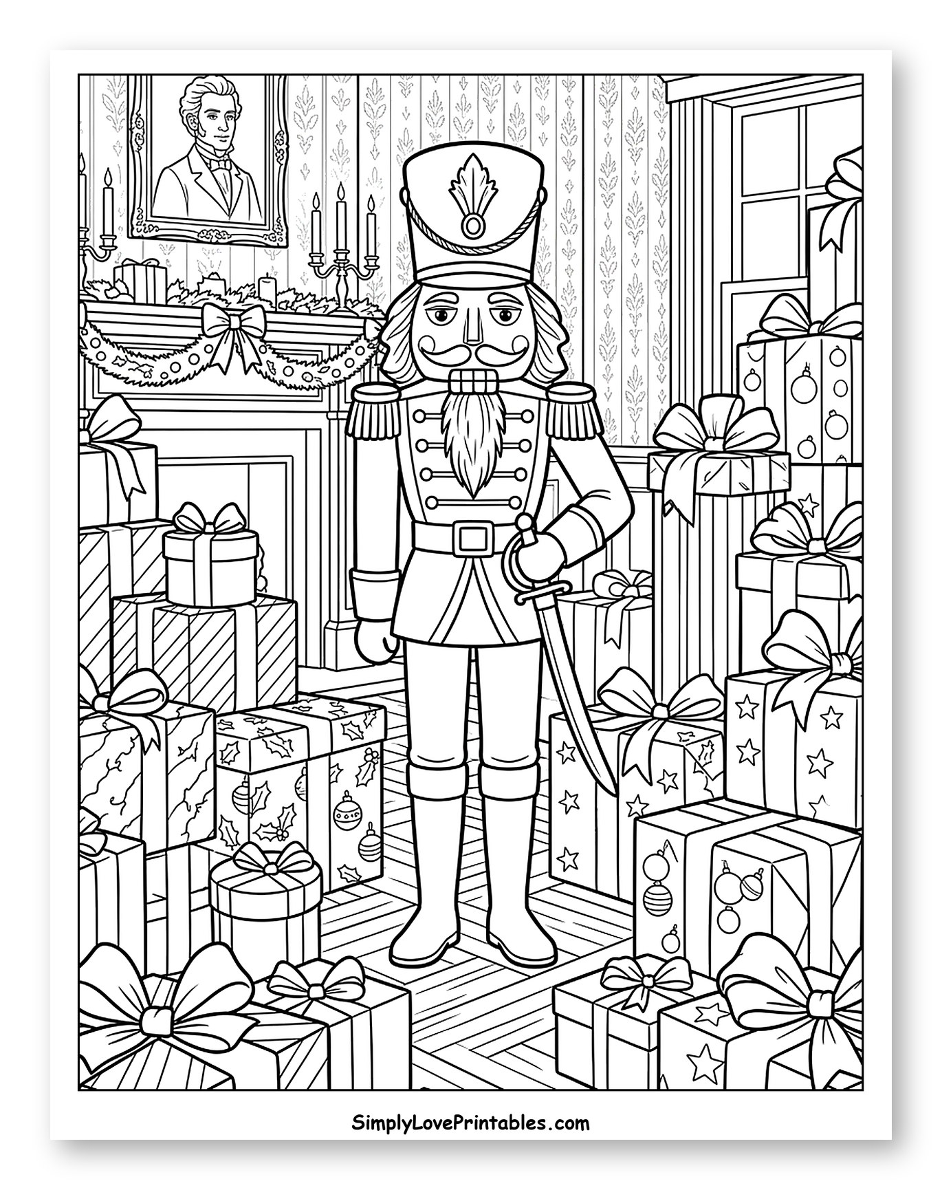 Nutcracker Soldier Surrounded by Christmas Gifts