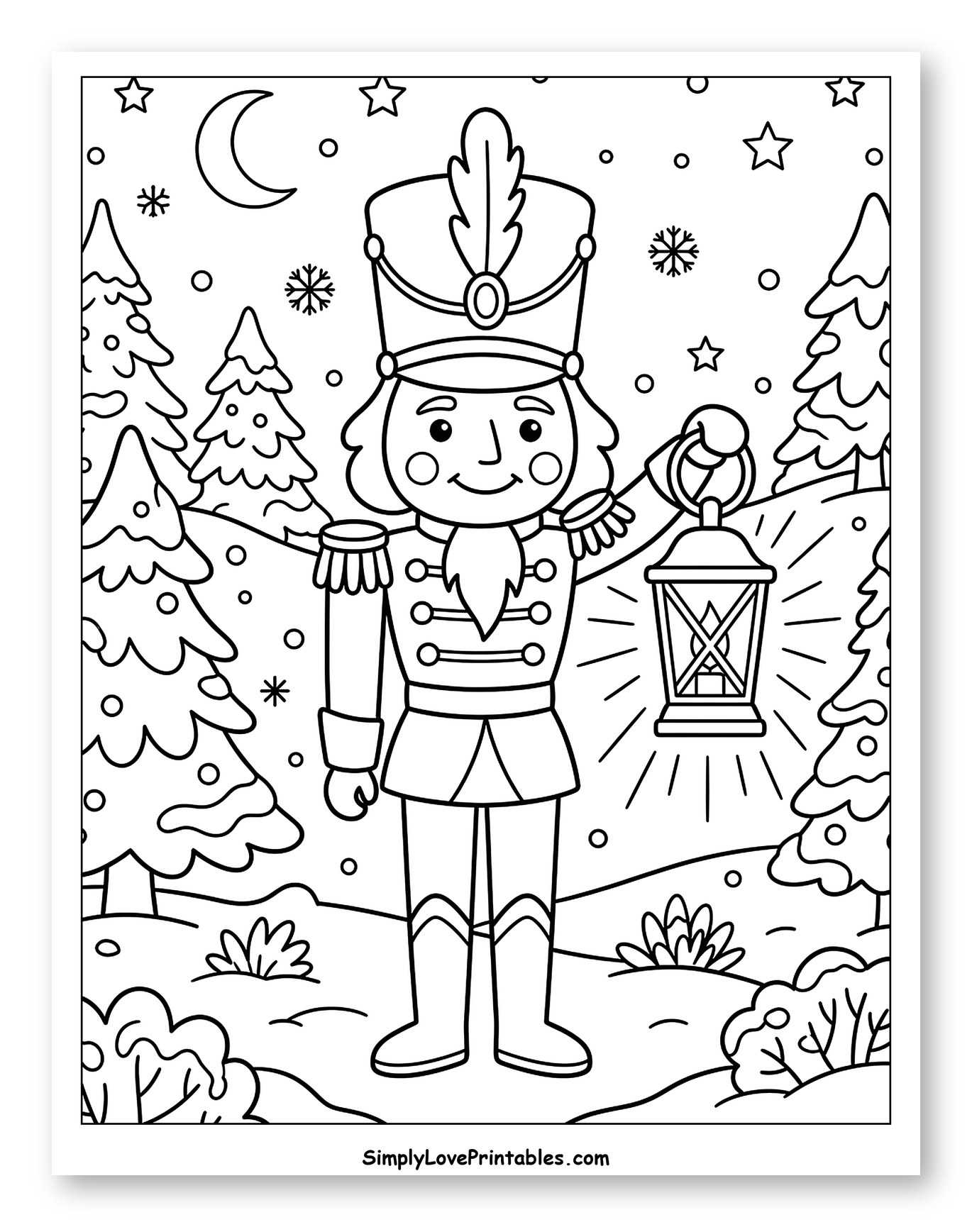 Nutcracker with a Lantern in a Winter Forest to Color for Kids