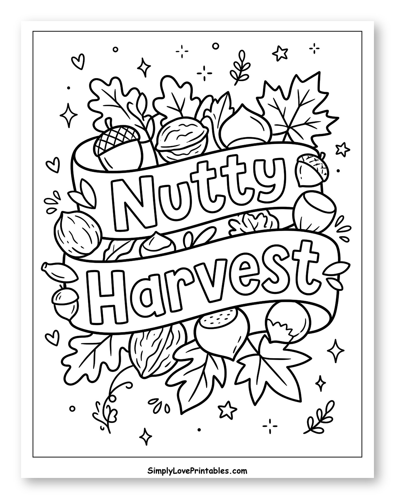 Nutty Harvest Banner with Fall Nuts and Leaves Coloring Page for Adults