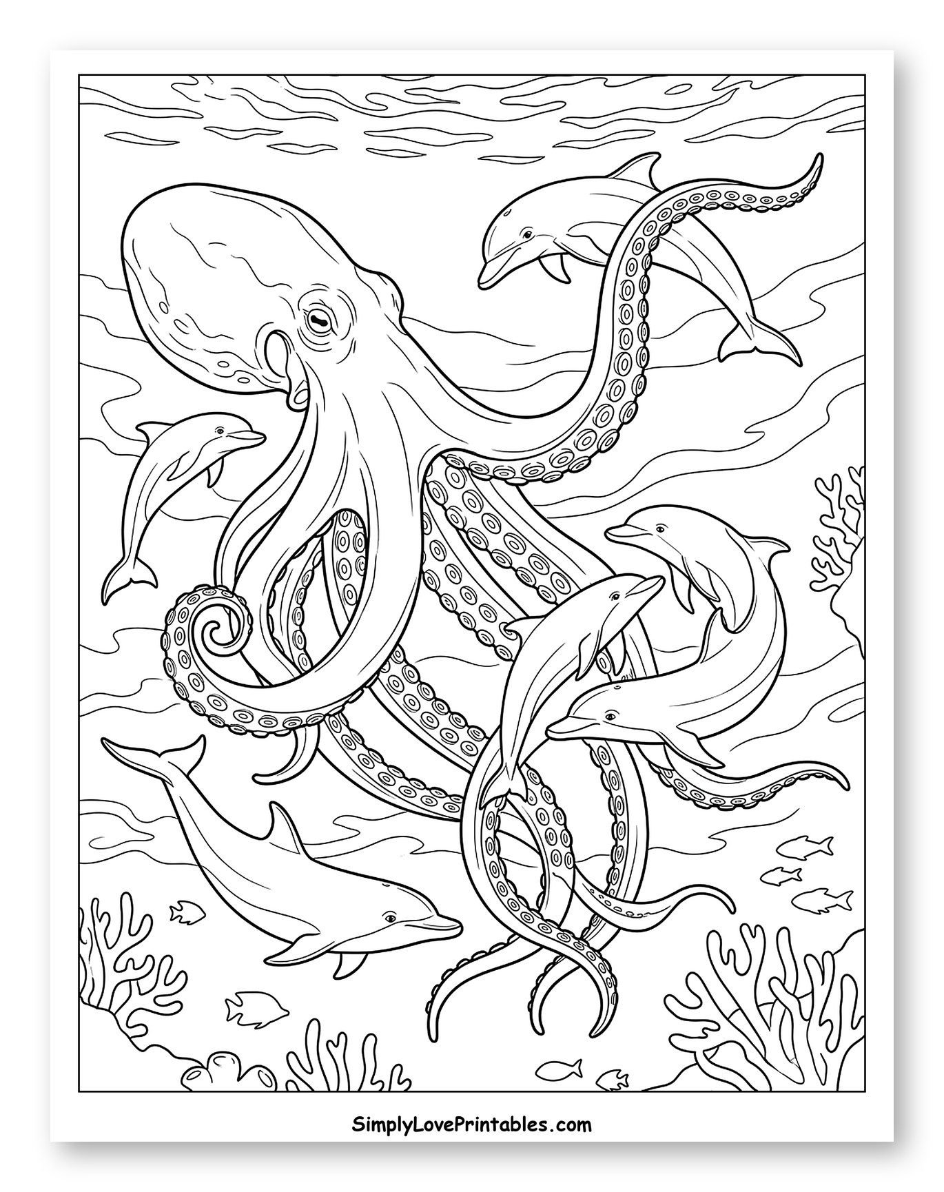 Octopus and Dolphins Swimming Underwater Coloring Page