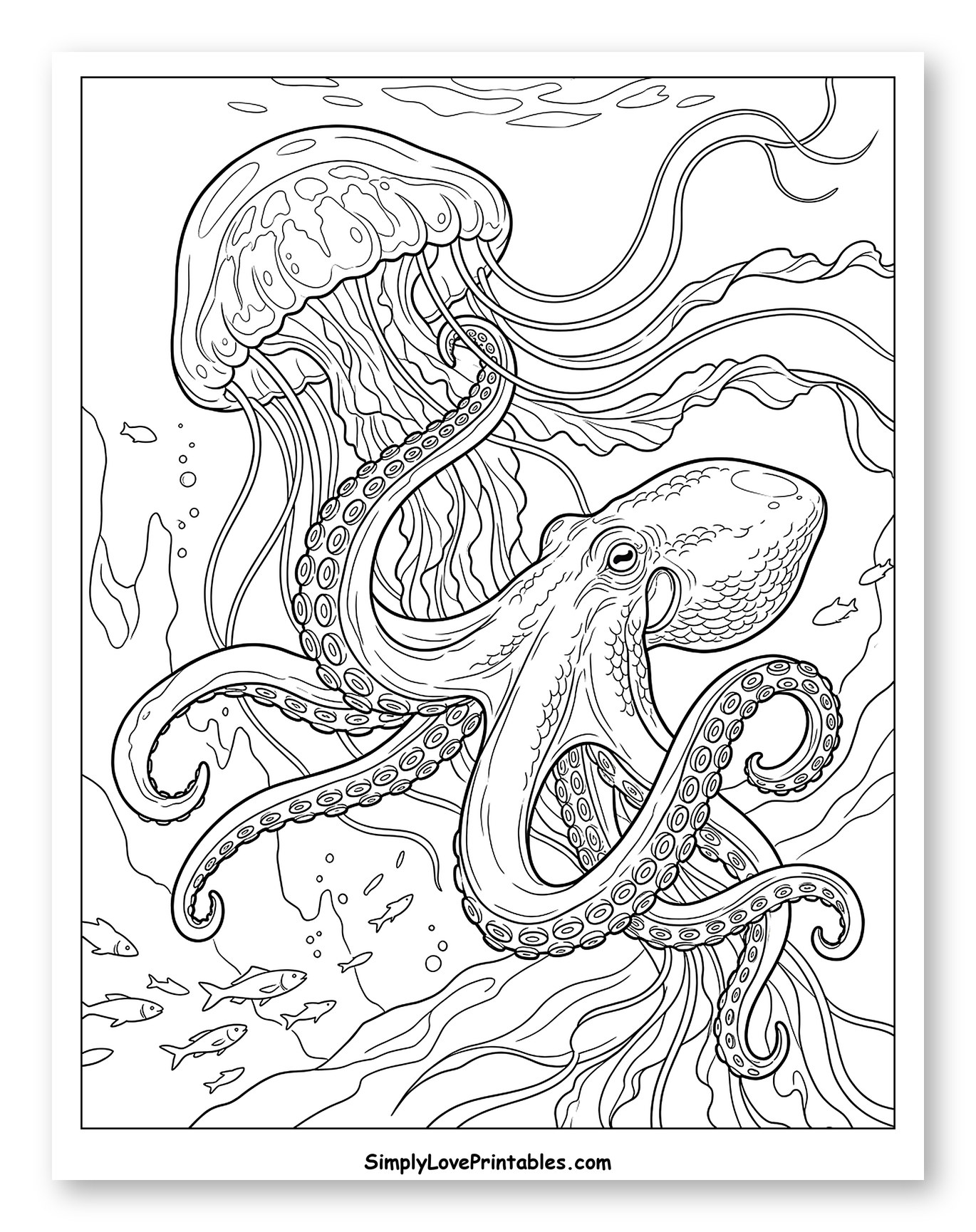 Octopus and Jellyfish Underwater Scene Coloring Sheet