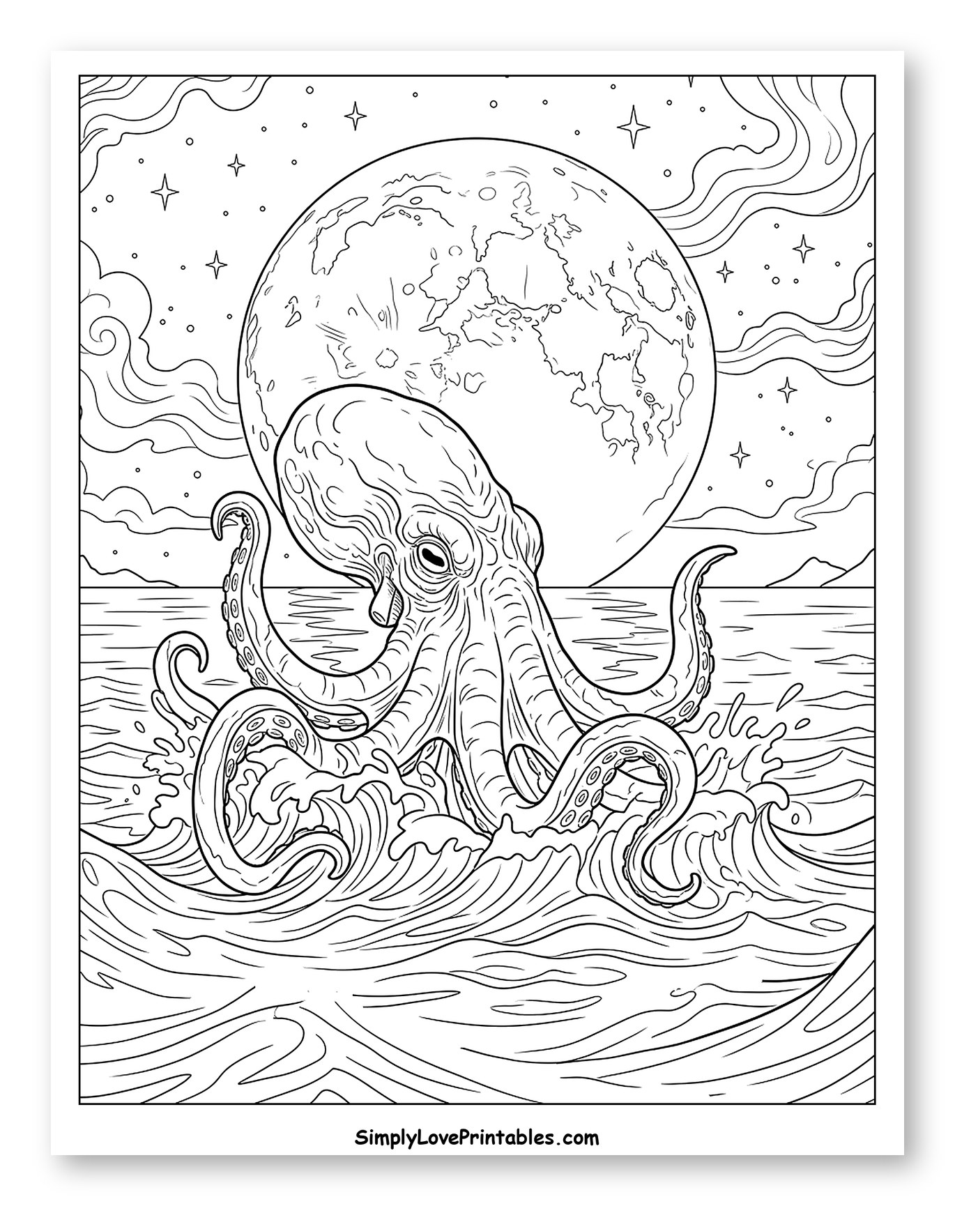 Octopus in Ocean under Moon and Stars