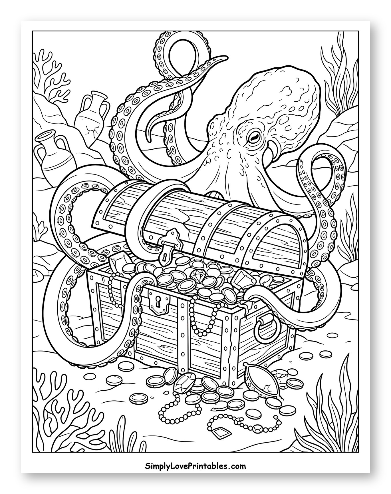 Octopus with Tentacles Around an Open Treasure Chest Coloring Page