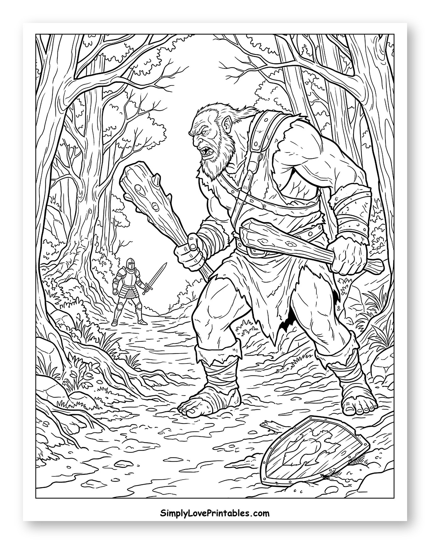 Ogre Confronts Knight in Forest Path Coloring Sheet
