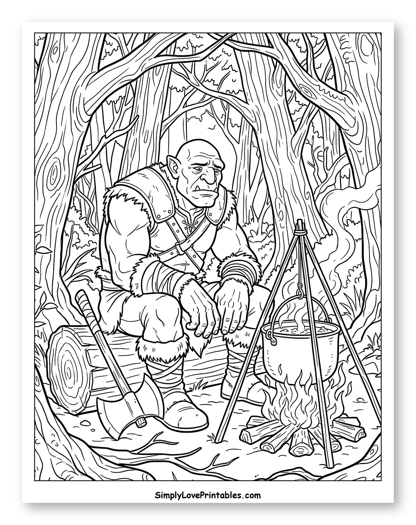 Ogre Cooking Dinner in a Forest Camp to Color
