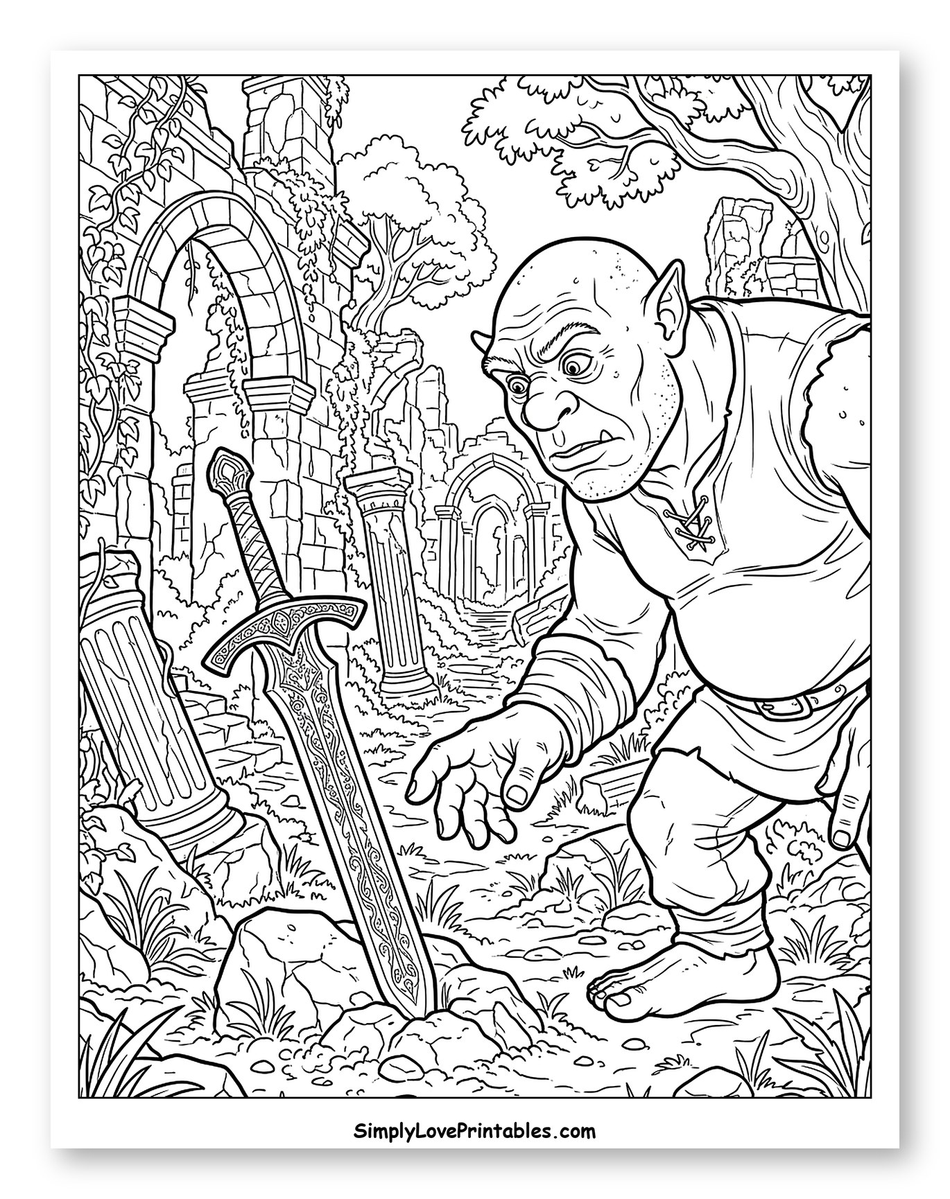 Ogre Finds Ancient Sword in Ruined Temple Coloring Sheet