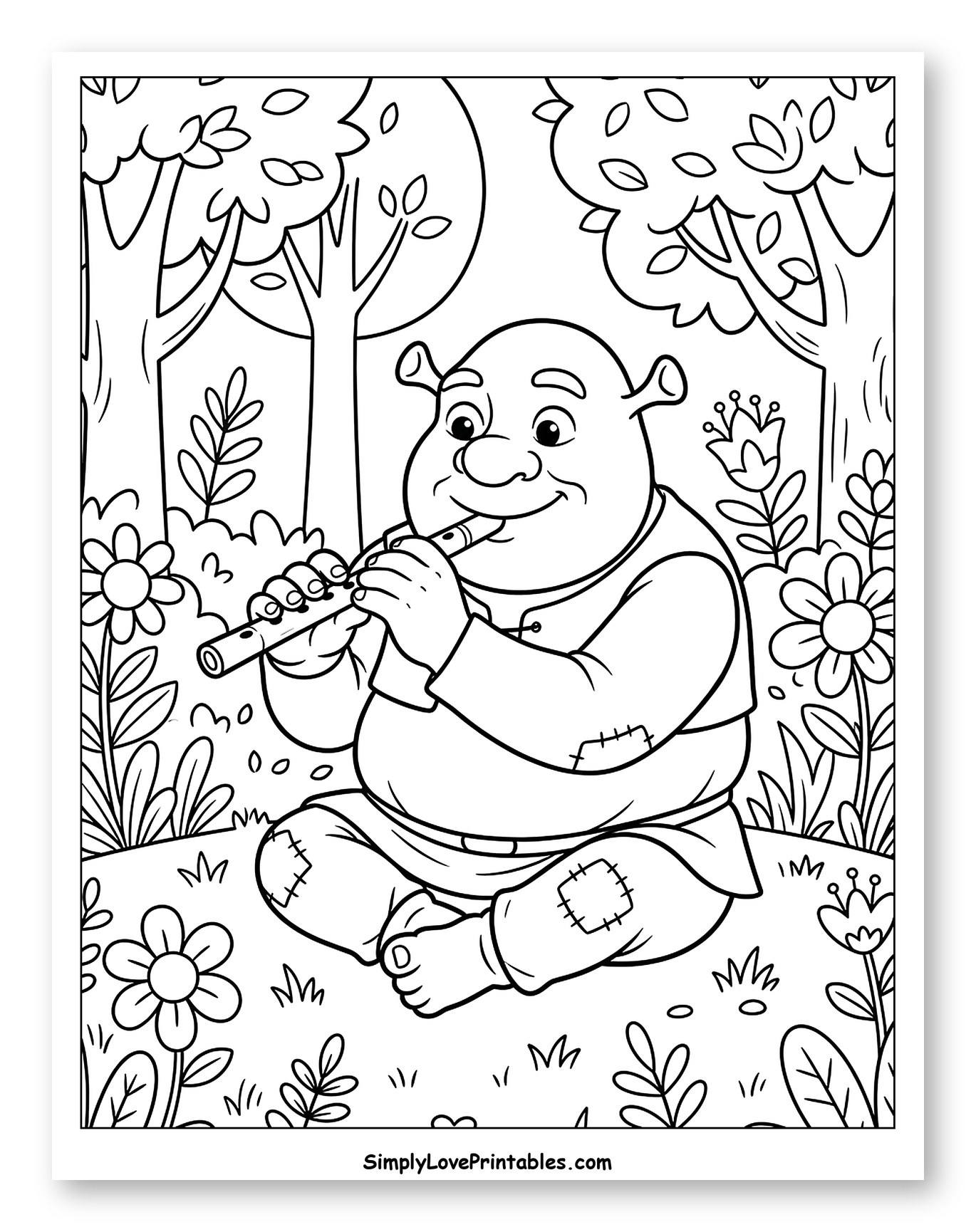 Ogre Playing Flute Among Flowers and Trees to Color for Kids