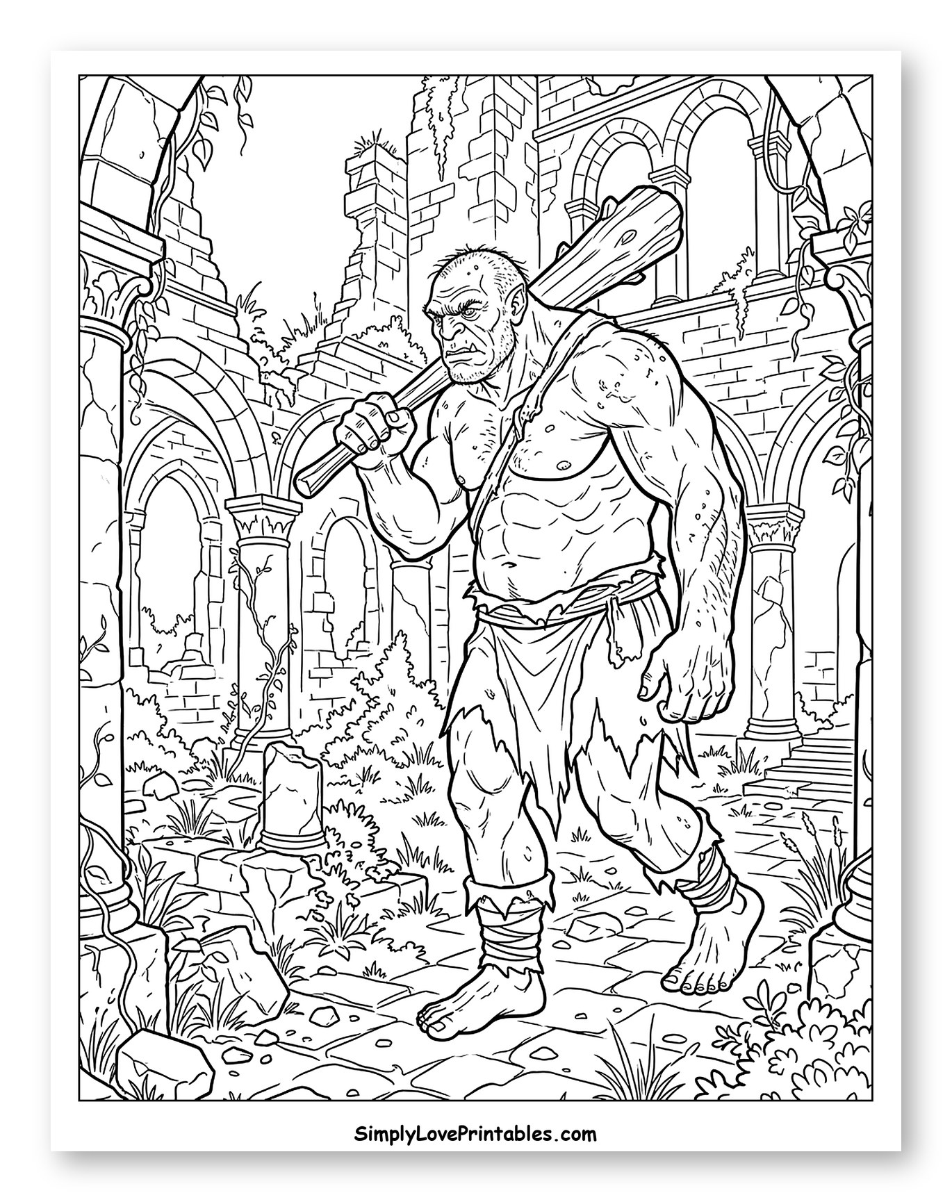 Ogre Walking Through Ancient Ruins with Club