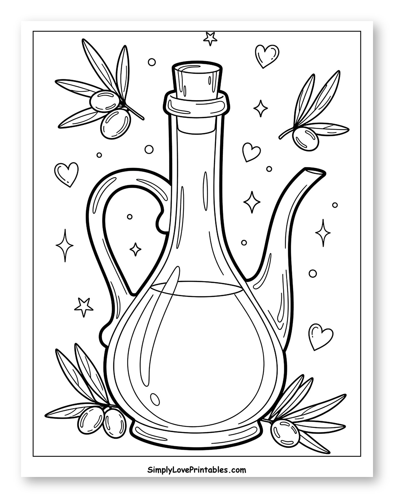 Olive Oil Bottle with Olives and Stars to Color for Adults