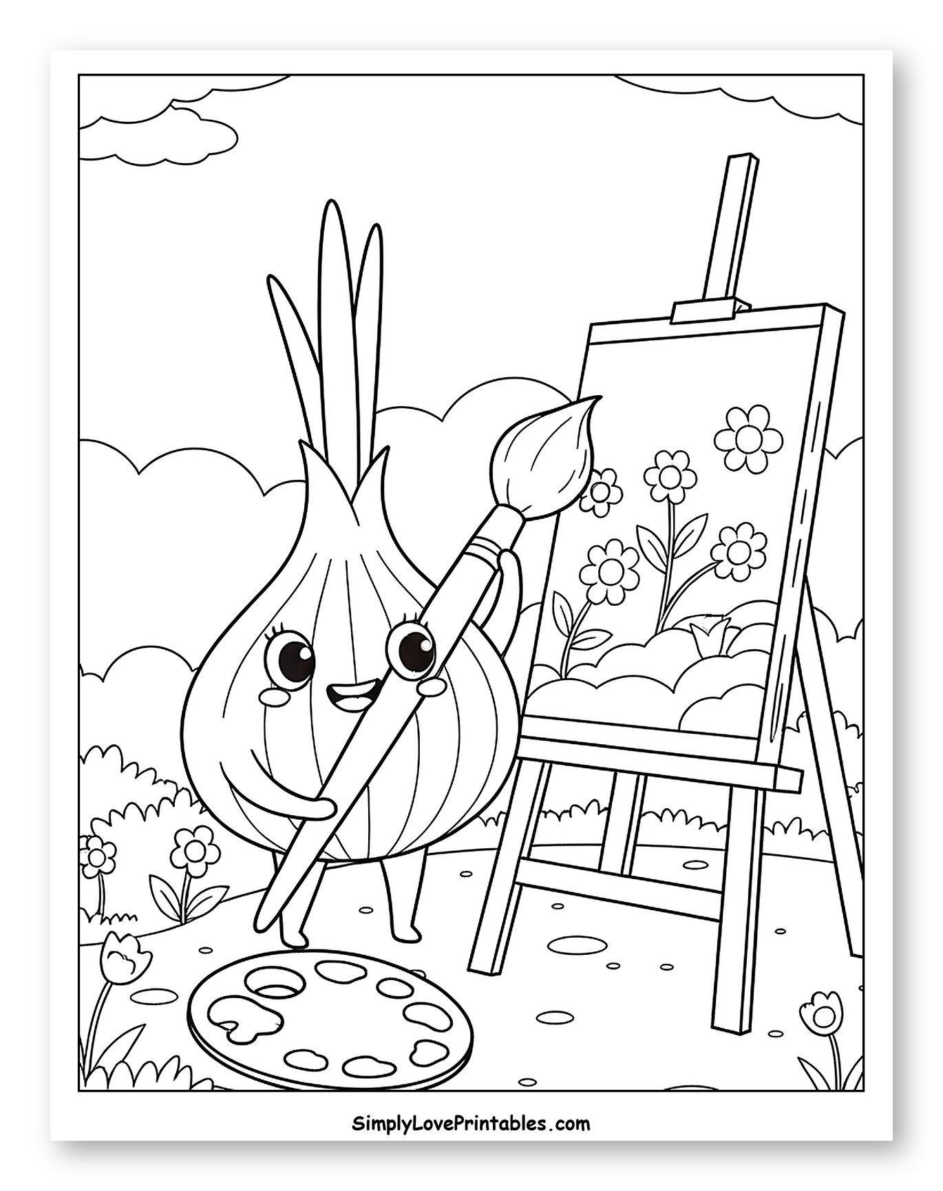 Onion Character Painting Flowers on an Easel to Color for Kids