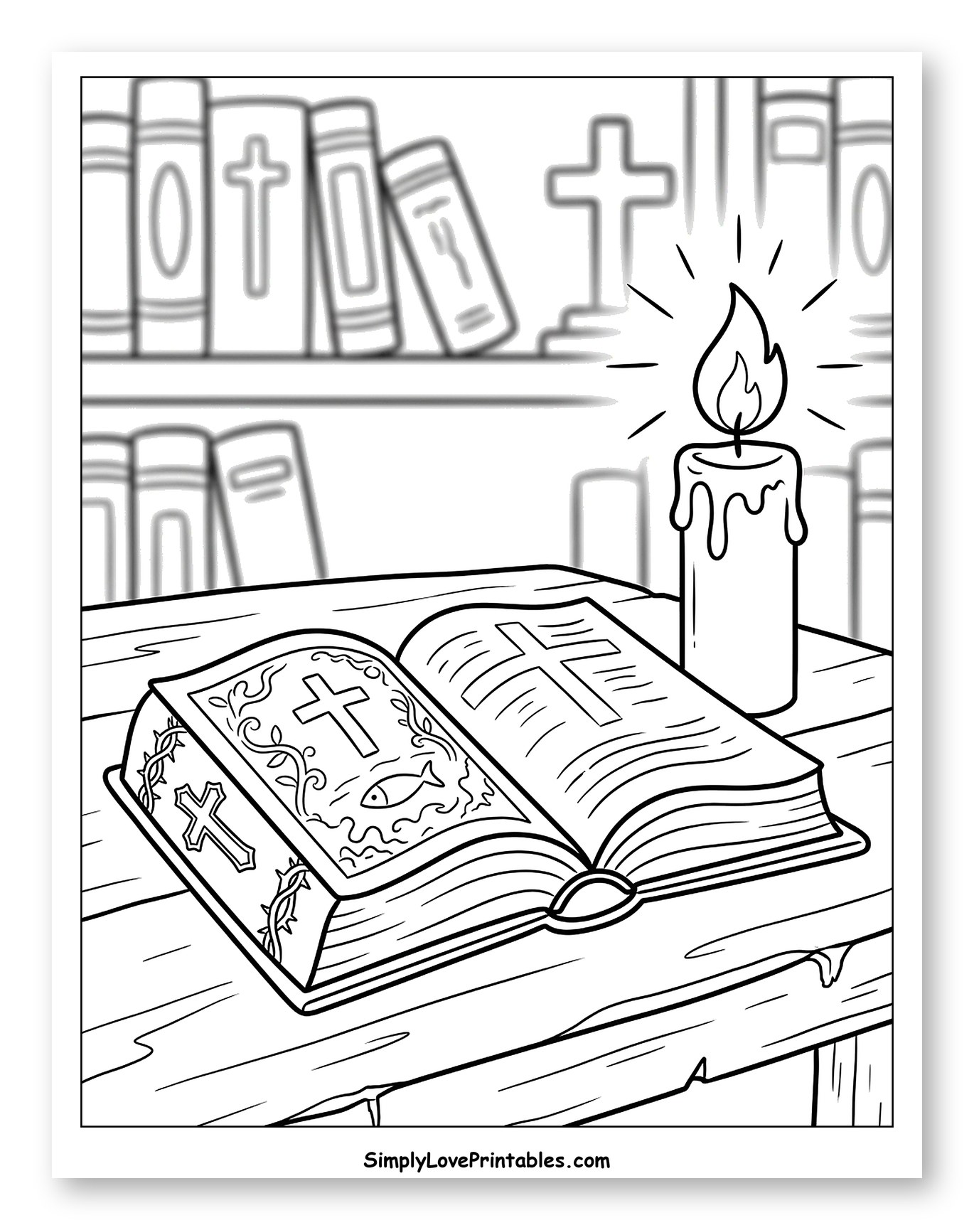 Open Bible and Lit Candle on Table to Color for Kids