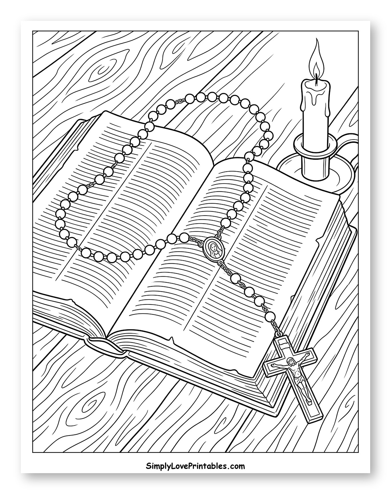 Open Bible with Rosary and Lit Candle Coloring Sheet