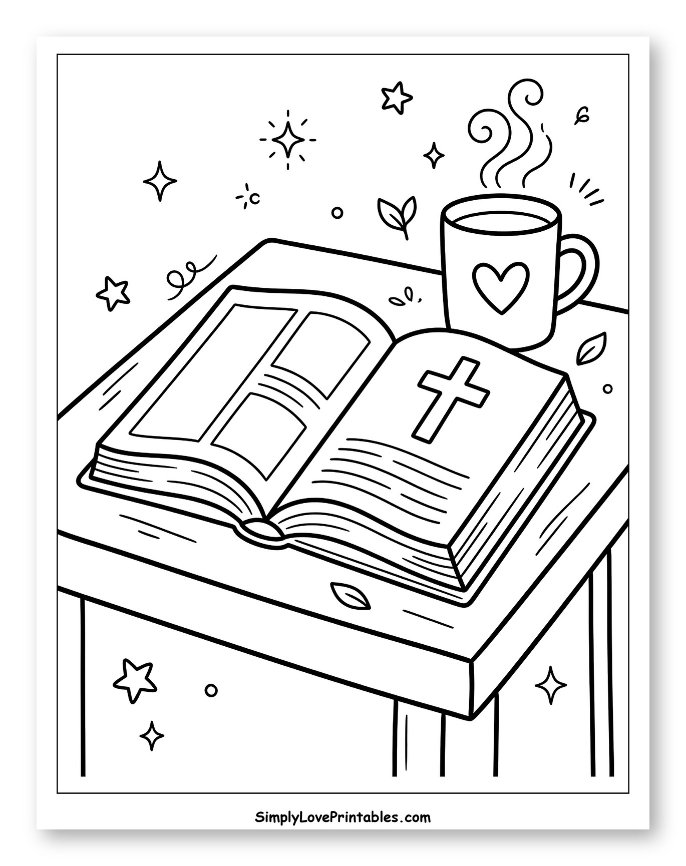 Open Bible with Steaming Mug and Stars