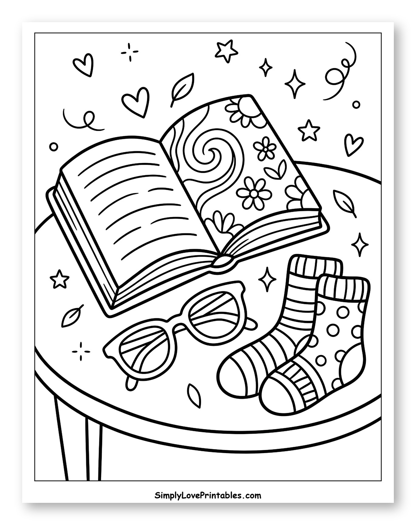 Open Book, Glasses, and Cozy Socks to Color for Adults