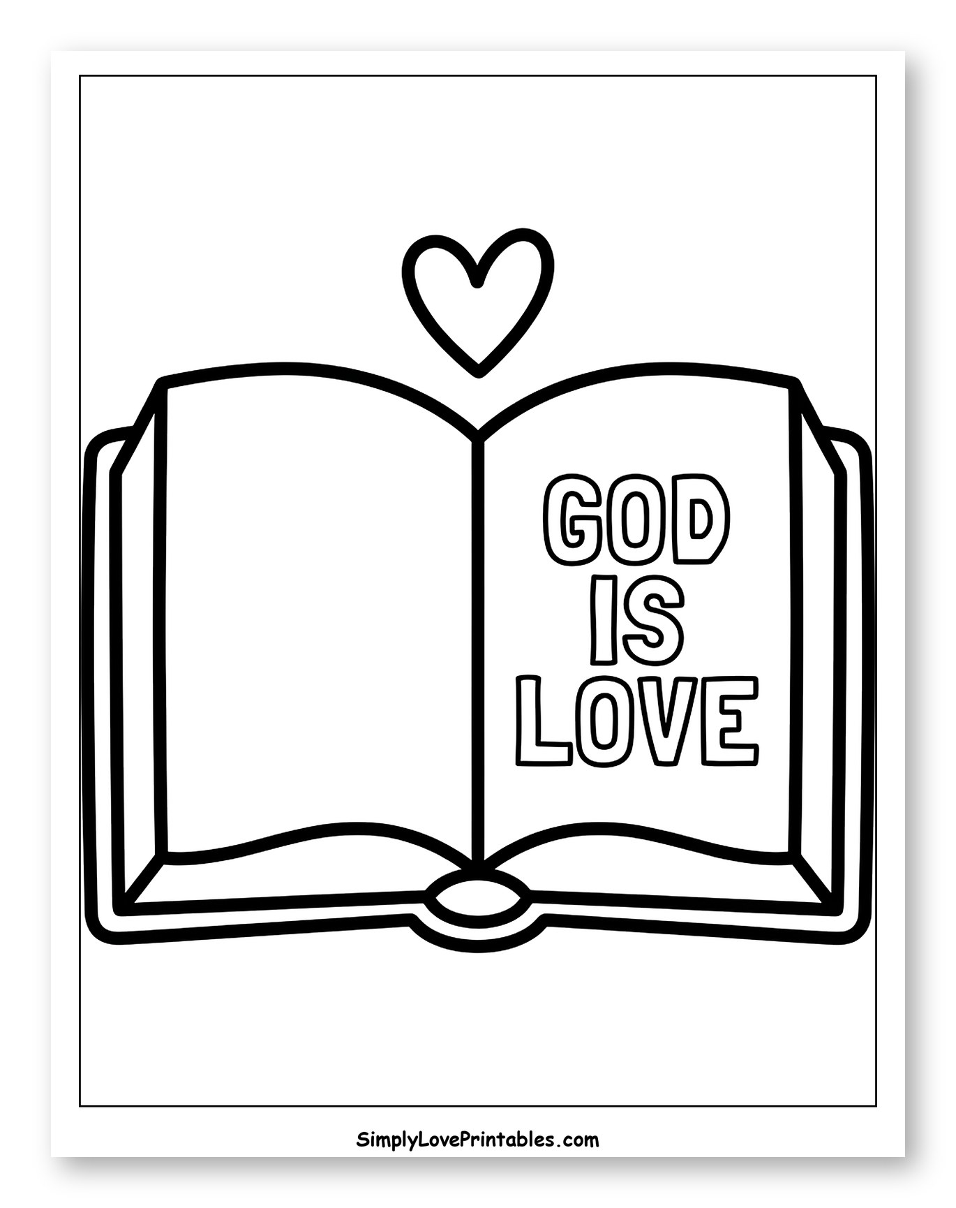 Open Book with God Is Love and Heart Coloring Sheet for Toddlers