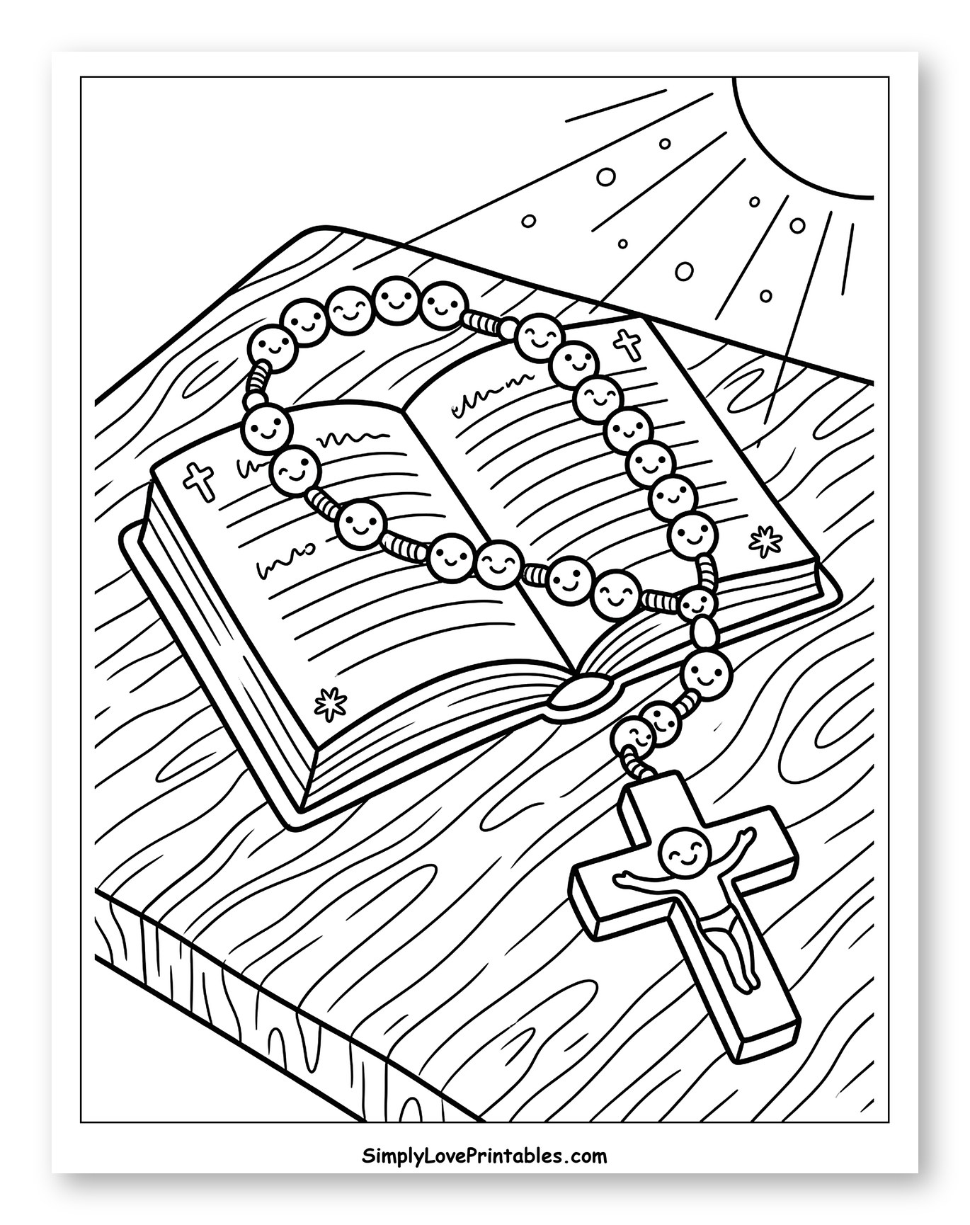 Open Book with Rosary and Crucifix to Color for Kids