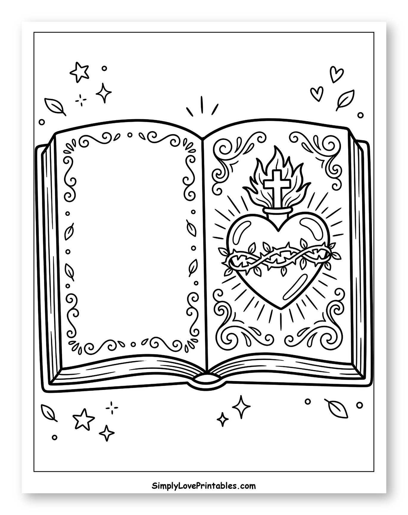 Open Book with Sacred Heart and Decorative Border Coloring Page for Adults